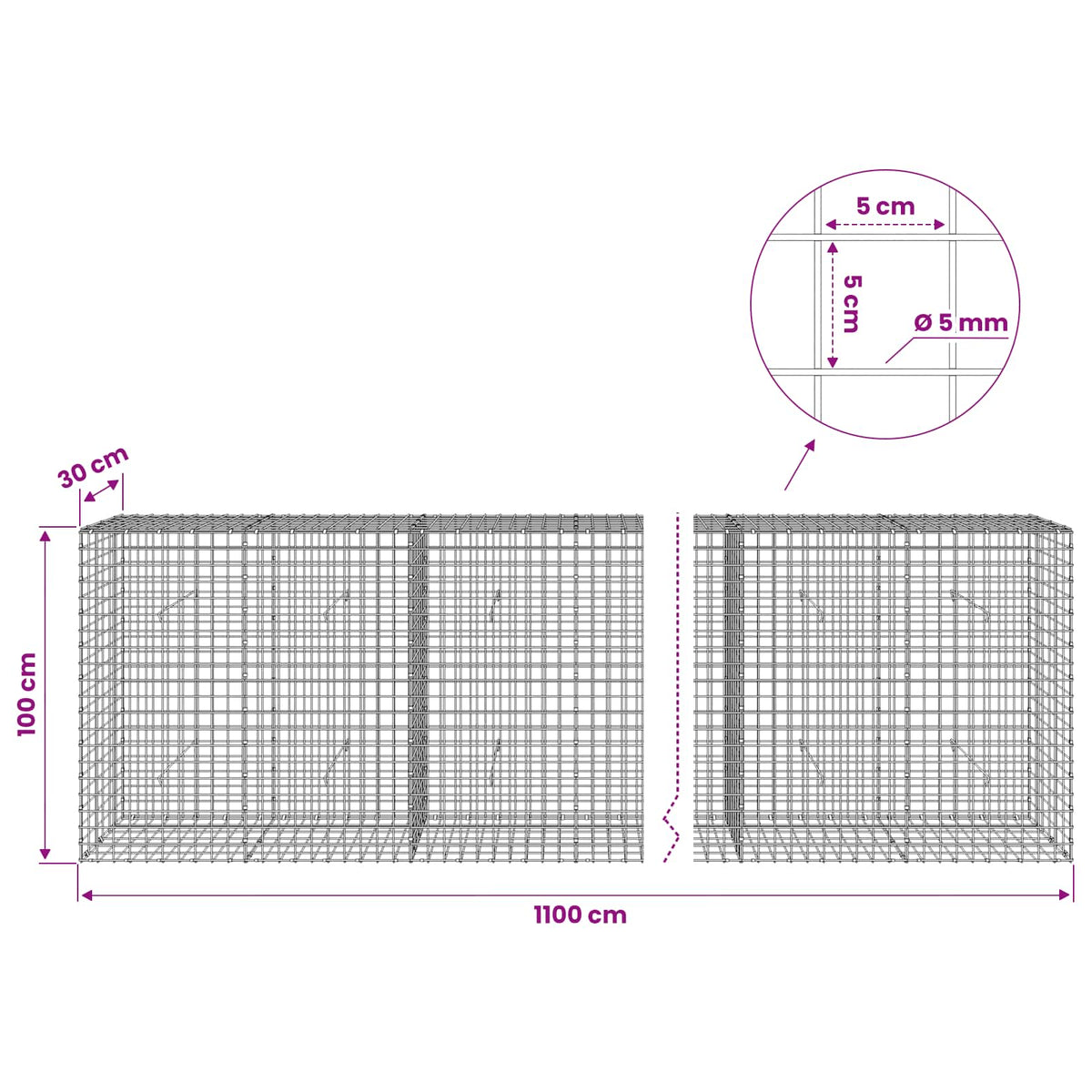 Γκαμπιόν με σύρμα 5 mm και πλέγμα 5x5 cm 1100x30x100 εκ - Pakobazaar