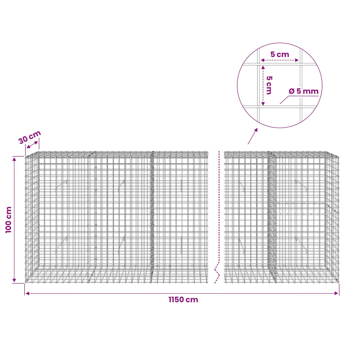Γκαμπιόν με σύρμα 5 mm και πλέγμα 5x5 cm 1150x30x100 εκ - Pakobazaar
