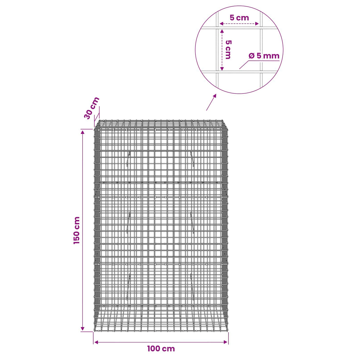 Γκαμπιόν με σύρμα 5 mm και πλέγμα 5x5 cm 100x30x150 εκ - Pakobazaar