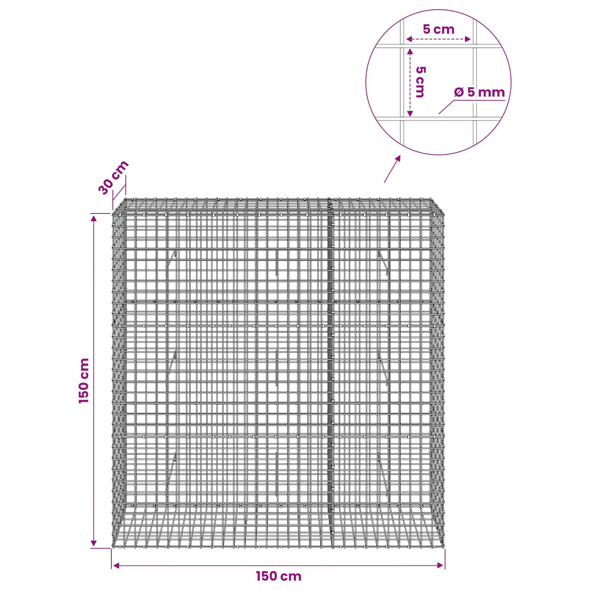 Γκαμπιόν με σύρμα 5 mm και πλέγμα 5x5 cm 150x30x150 εκ - Pakobazaar
