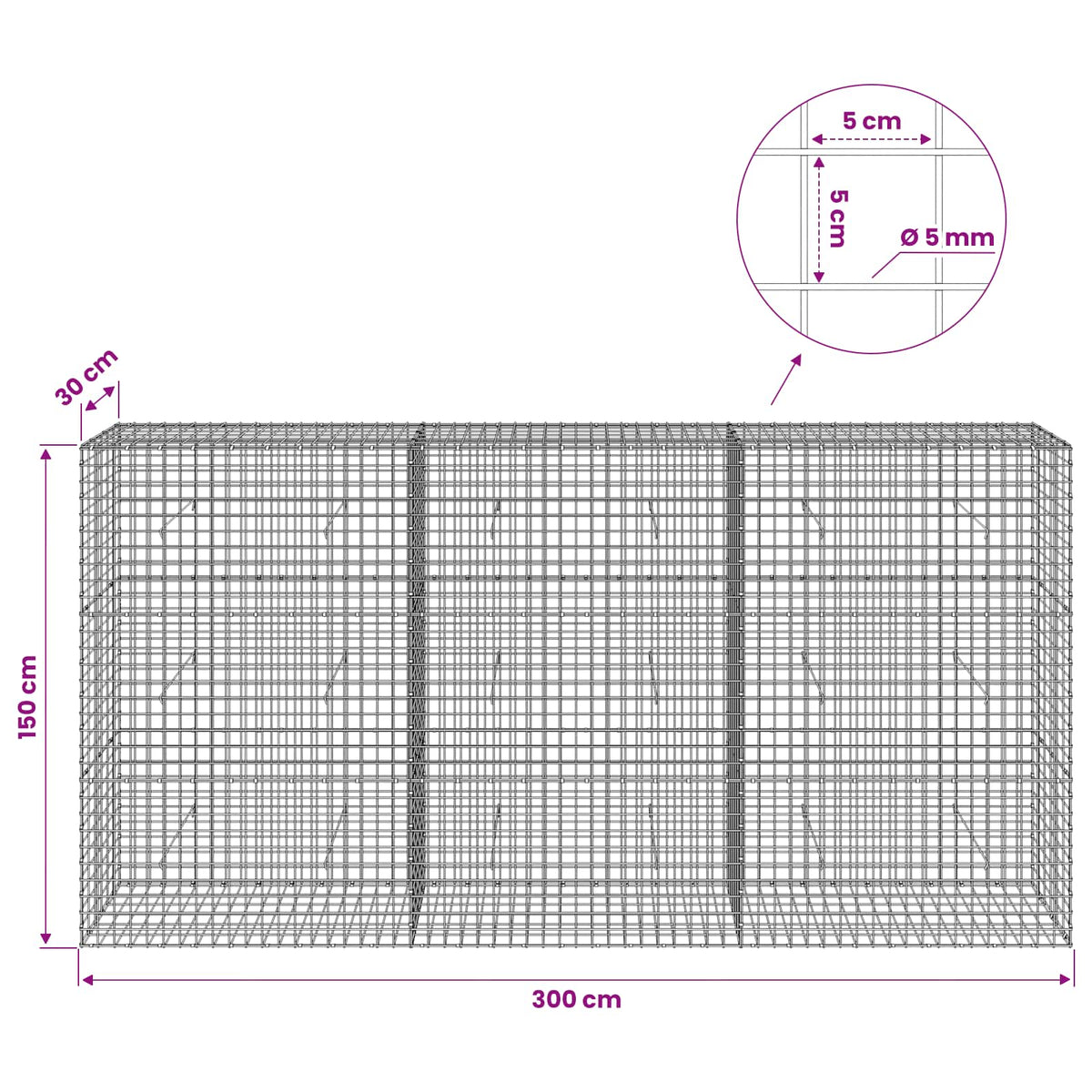 Γκαμπιόν με σύρμα 5 mm και πλέγμα 5x5 cm 300x30x150 εκ - Pakobazaar