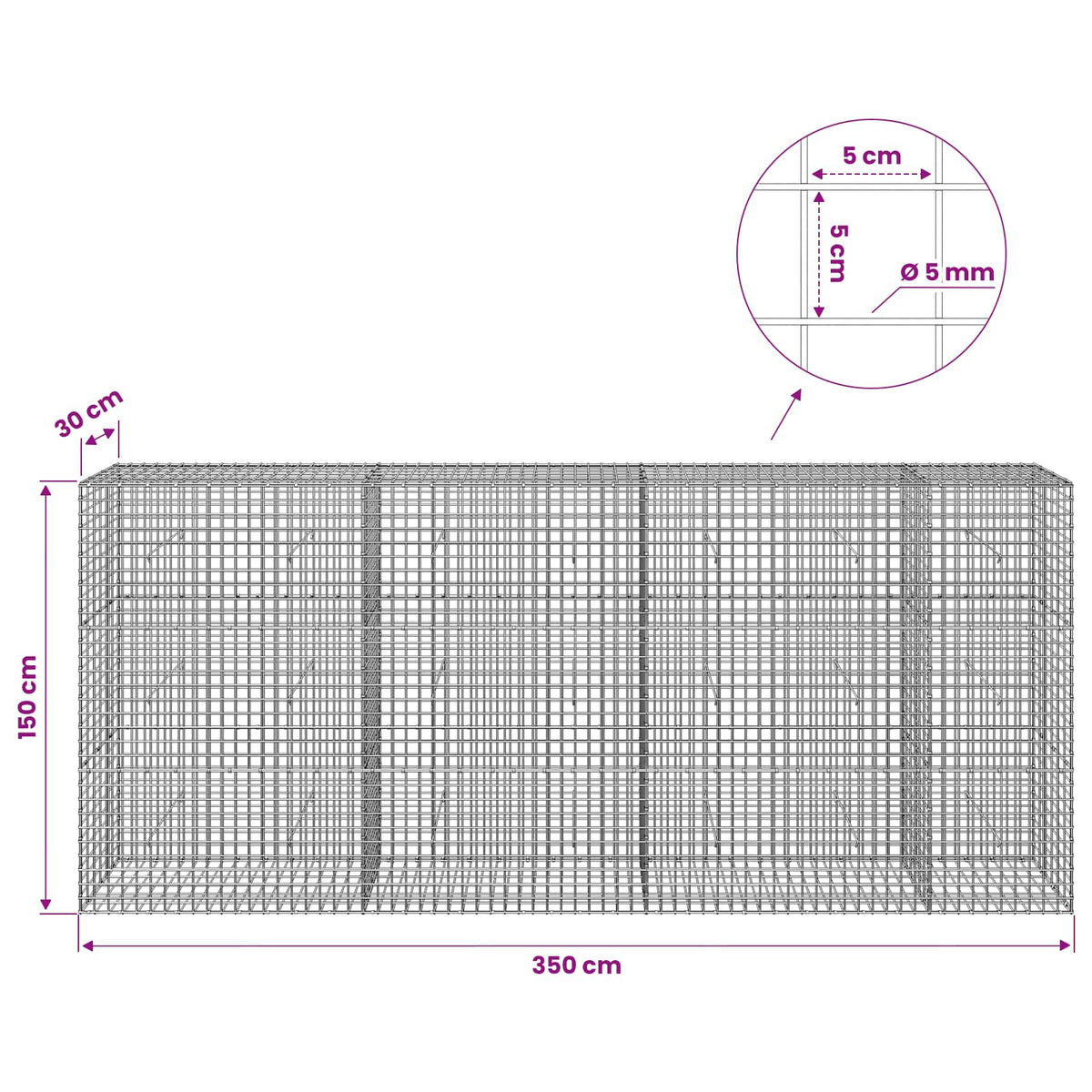 Γκαμπιόν με σύρμα 5 mm και πλέγμα 5x5 cm 350x30x150 εκ. - Pakobazaar