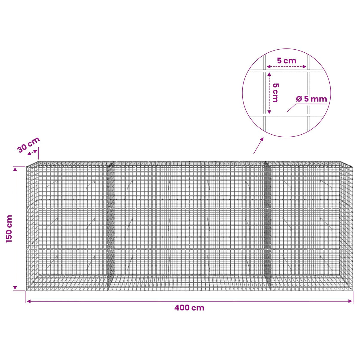Γκαμπιόν με σύρμα 5 mm και πλέγμα 5x5 cm 400x30x150 εκ - Pakobazaar