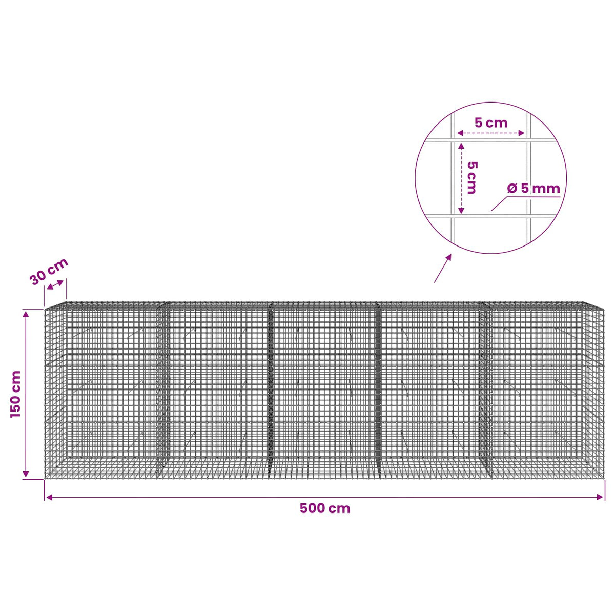 Γκαμπιόν με σύρμα 5 mm και πλέγμα 5x5 cm 500x30x150 εκ - Pakobazaar