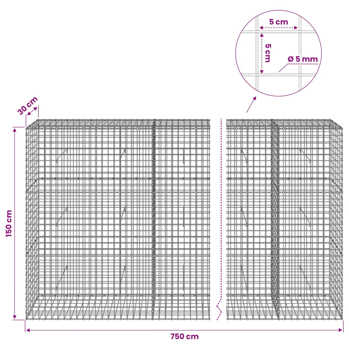 Γκαμπιόν με σύρμα 5 mm και πλέγμα 5x5 cm 750x30x150 εκ - Pakobazaar