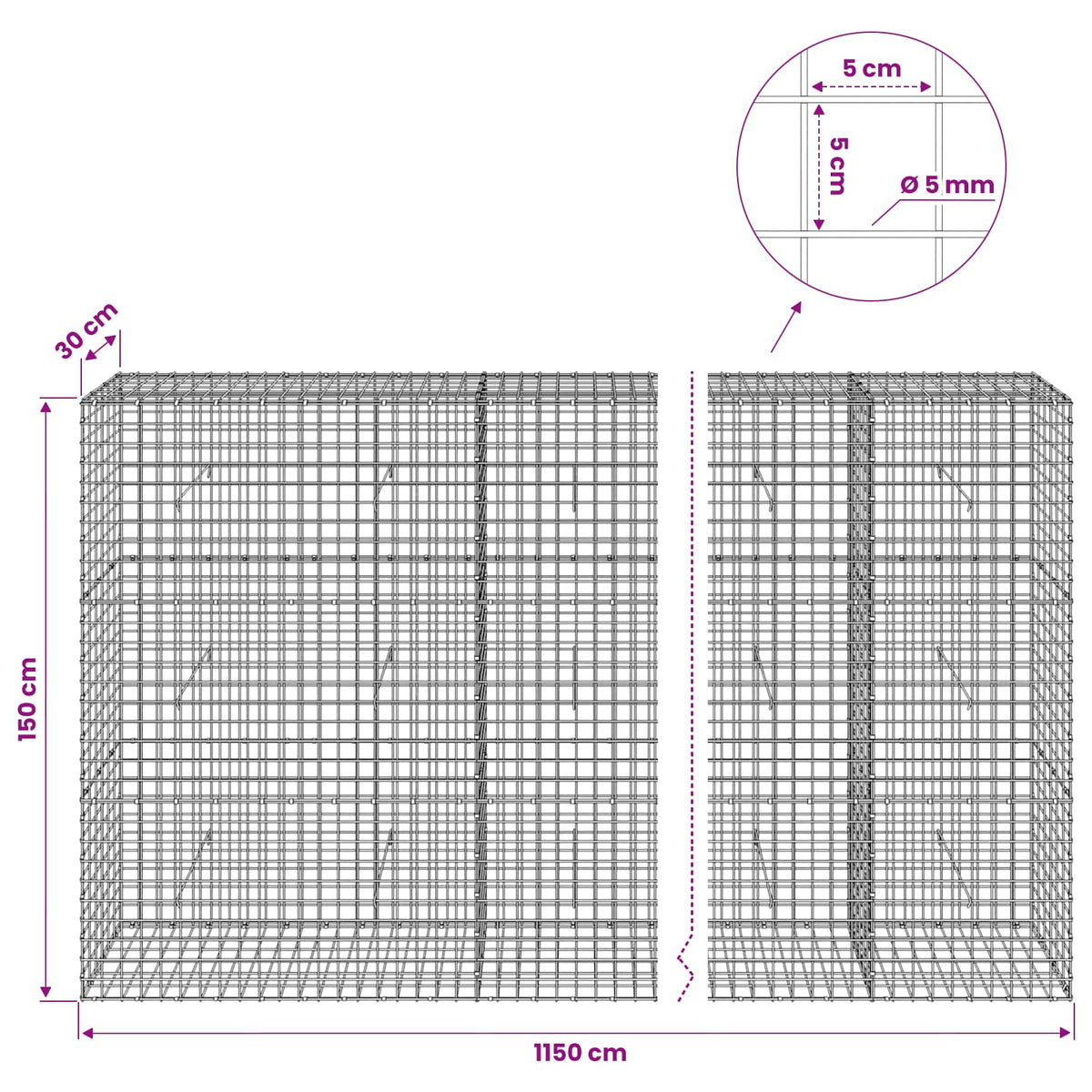 Γκαμπιόν με σύρμα 5 mm και πλέγμα 5x5 cm 1150x30x150 εκ - Pakobazaar