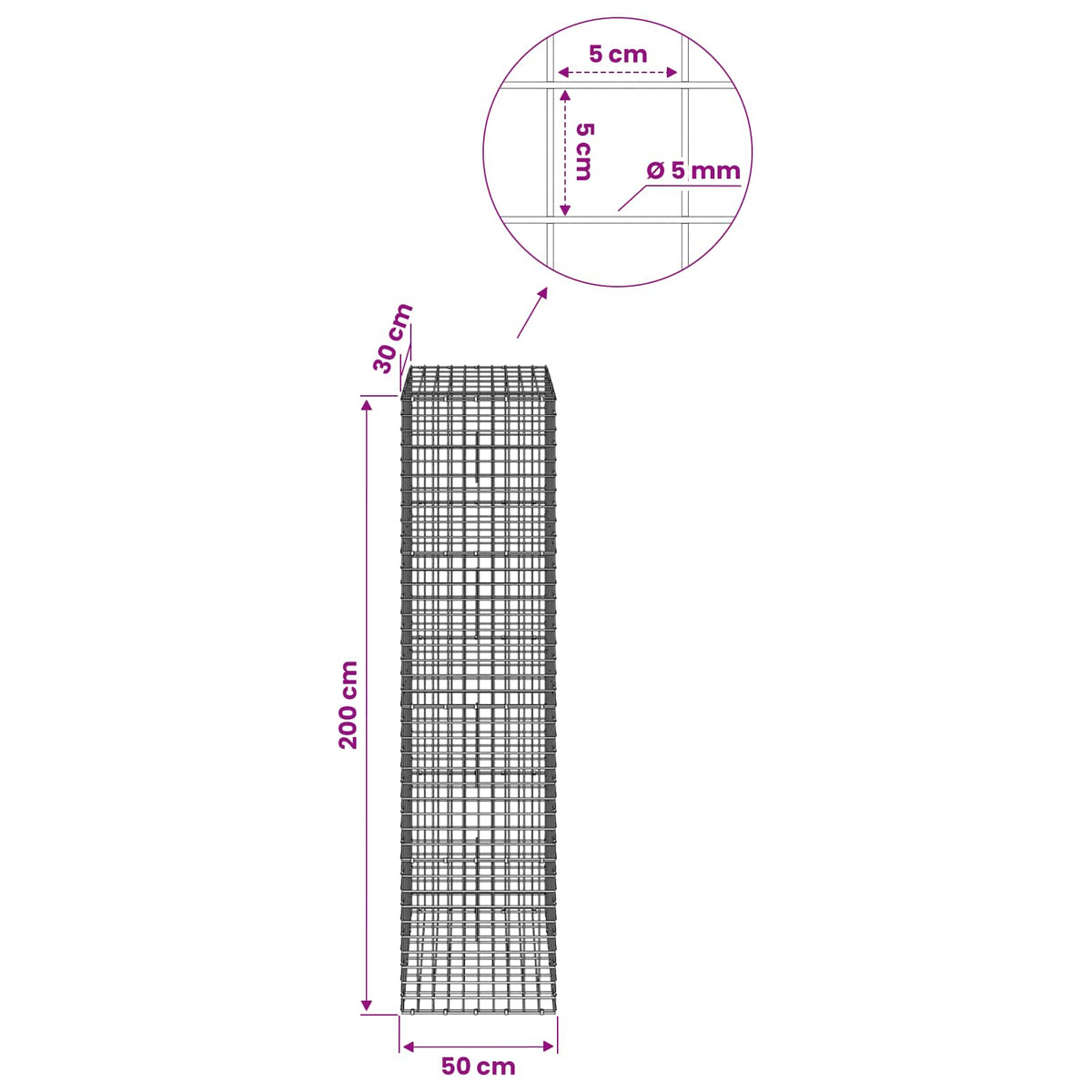 Γκαμπιόν με σύρμα 5 mm και πλέγμα 5x5 cm 50x30x200 εκ