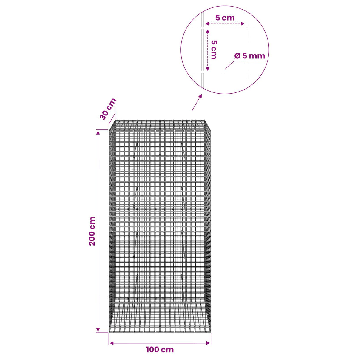 Γκαμπιόν με σύρμα 5 mm και πλέγμα 5x5 cm 100x30x200 εκ. - Pakobazaar