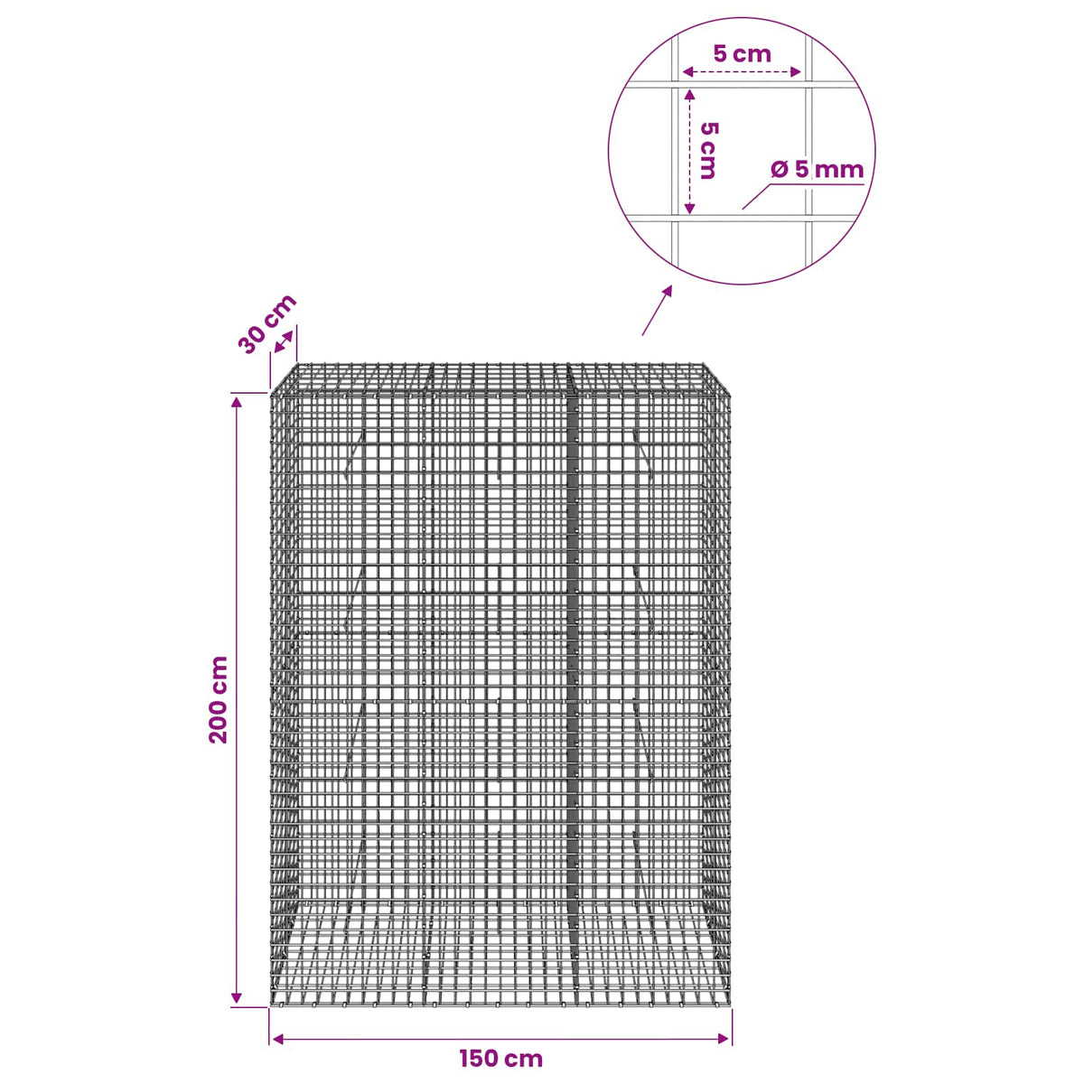 Γκαμπιόν με σύρμα 5 mm και πλέγμα 5x5 cm 150x30x200 εκ - Pakobazaar