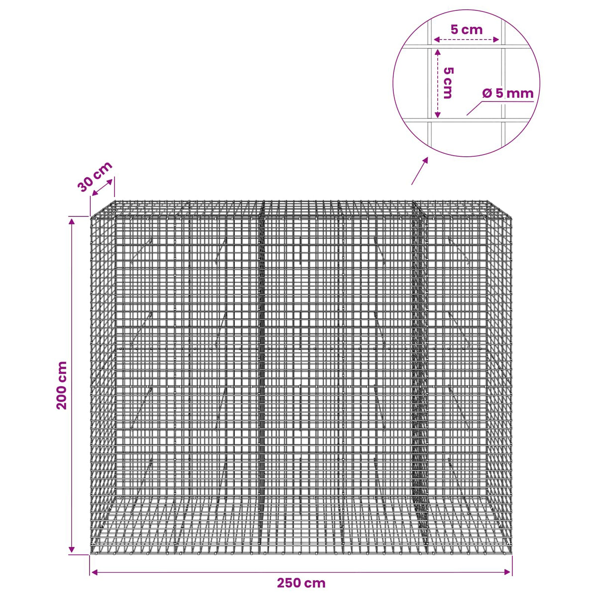 Γκαμπιόν με σύρμα 5 mm και πλέγμα 5x5 cm 250x30x200 εκ. - Pakobazaar