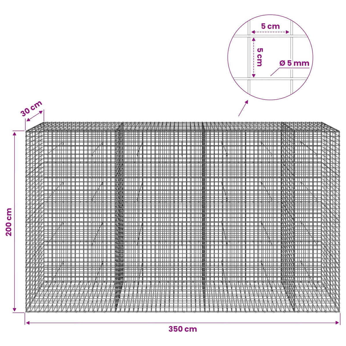 Γκαμπιόν με σύρμα 5 mm και πλέγμα 5x5 cm 350x30x200 εκ - Pakobazaar