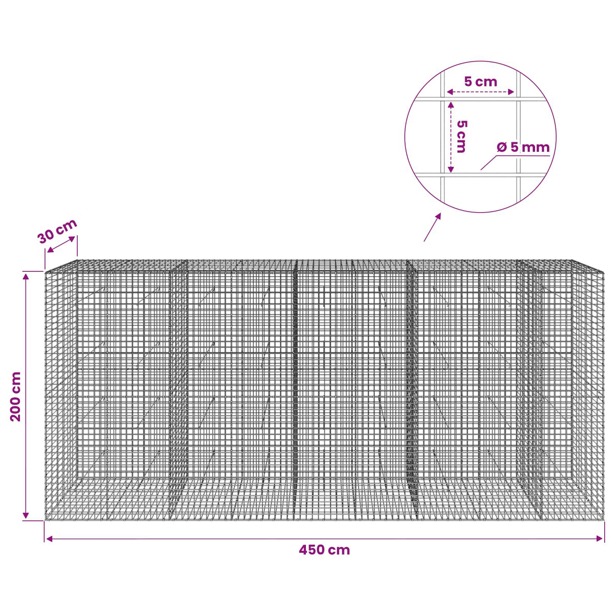 Γκαμπιόν με σύρμα 5 mm και πλέγμα 5x5 cm 450x30x200 εκ