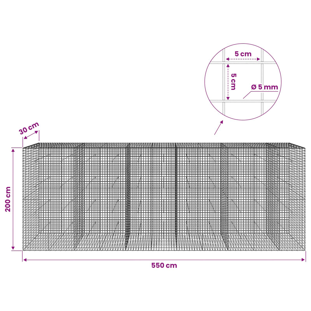 Γκαμπιόν με σύρμα 5 mm και πλέγμα 5x5 cm 550x30x200 εκ - Pakobazaar
