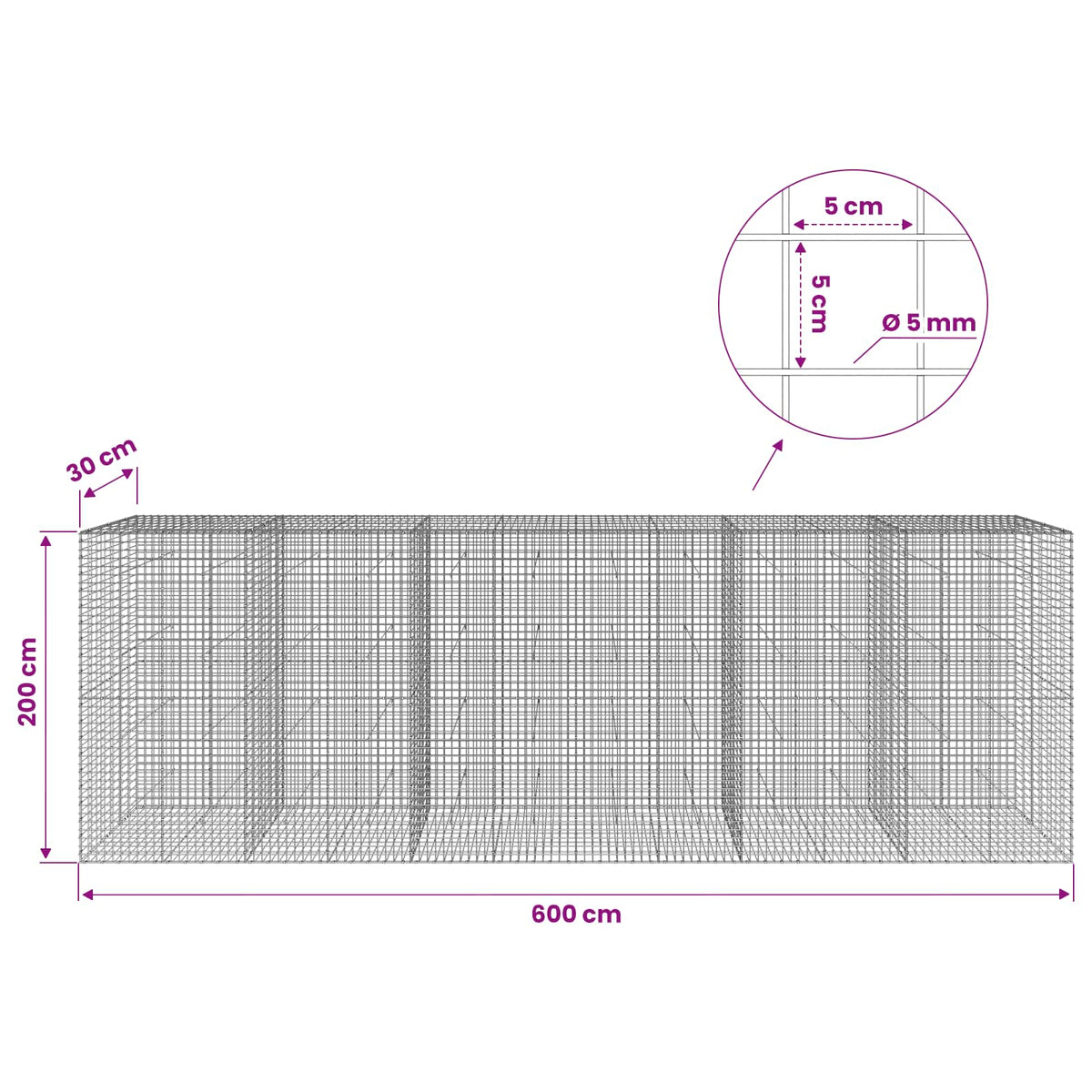 Γκαμπιόν με σύρμα 5 mm και πλέγμα 5x5 cm 600x30x200 εκ - Pakobazaar