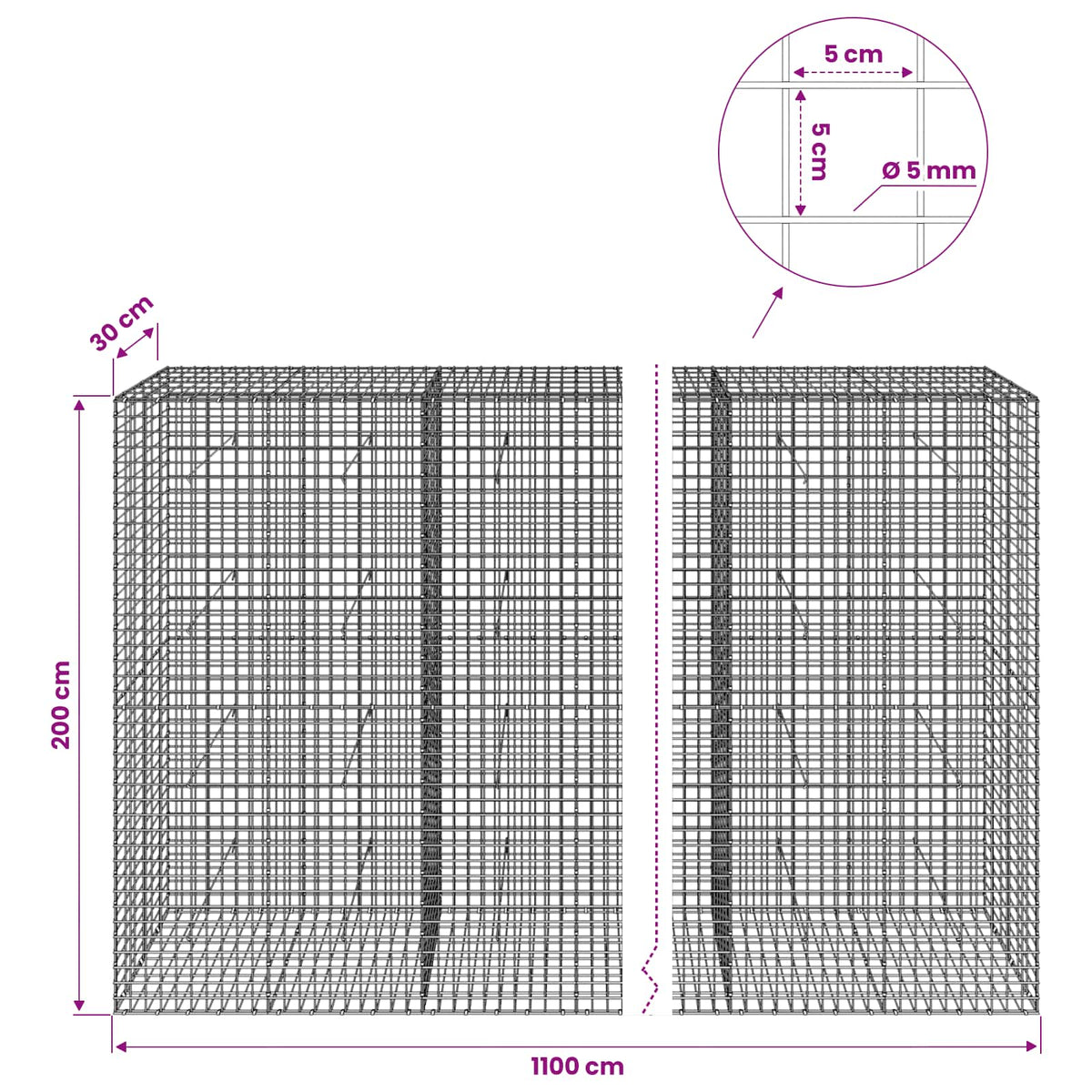 Γκαμπιόν με σύρμα 5 mm και πλέγμα 5x5 cm 1100x30x200 εκ - Pakobazaar