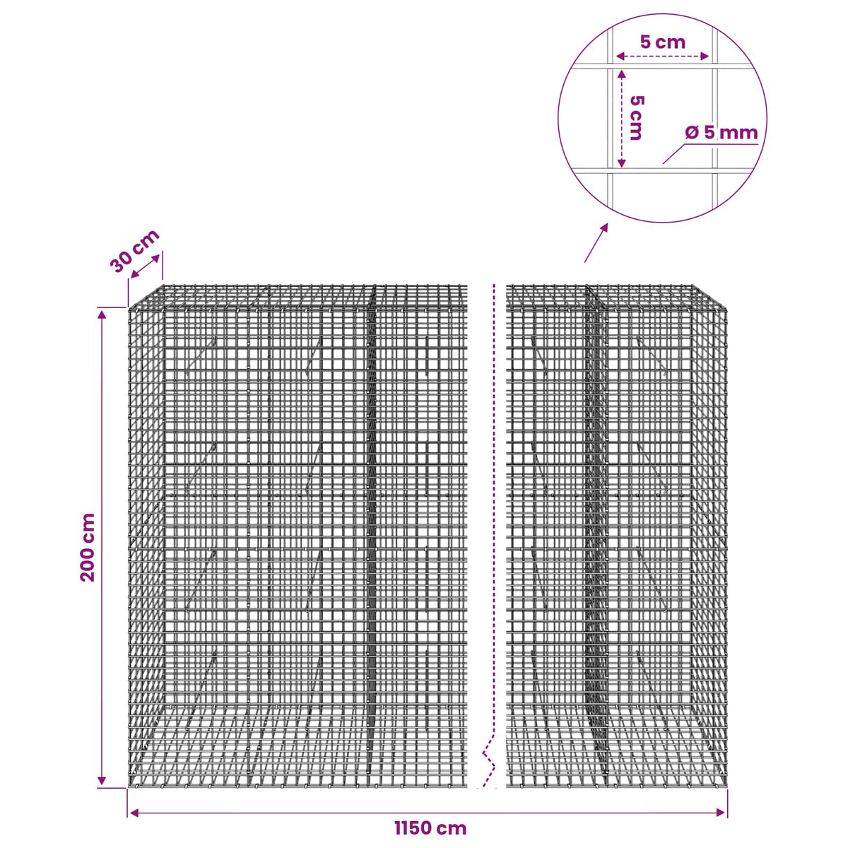 Γκαμπιόν με σύρμα 5 mm και πλέγμα 5x5 cm 1150x30x200 εκ