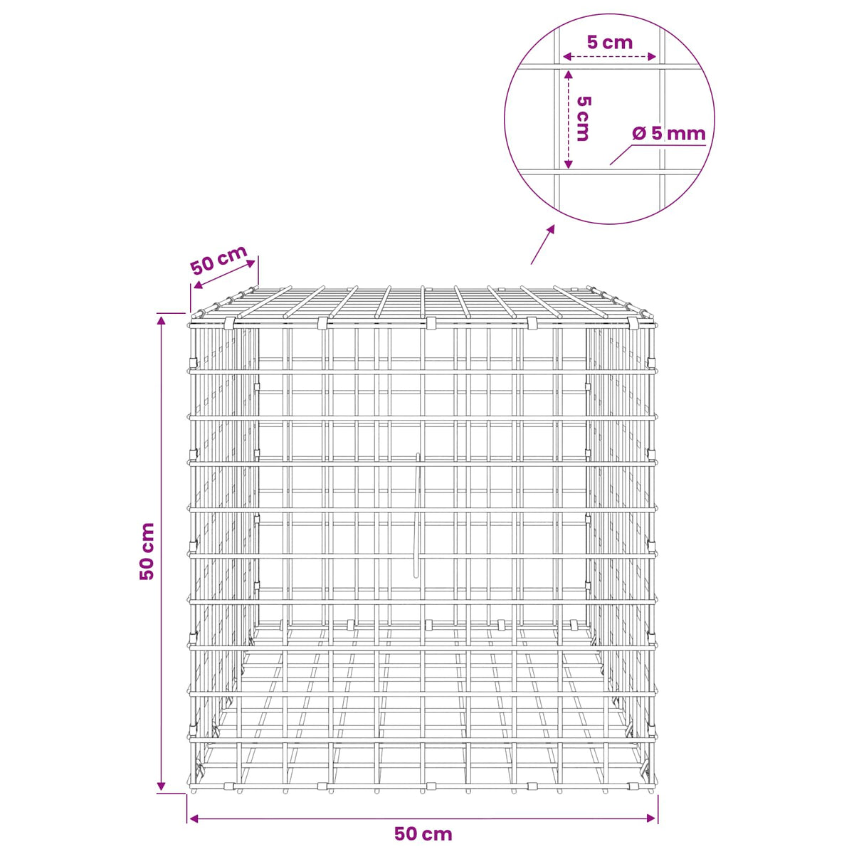 Γκαμπιόν με σύρμα 5 mm και πλέγμα 5x5 cm 50x50x50 εκ.