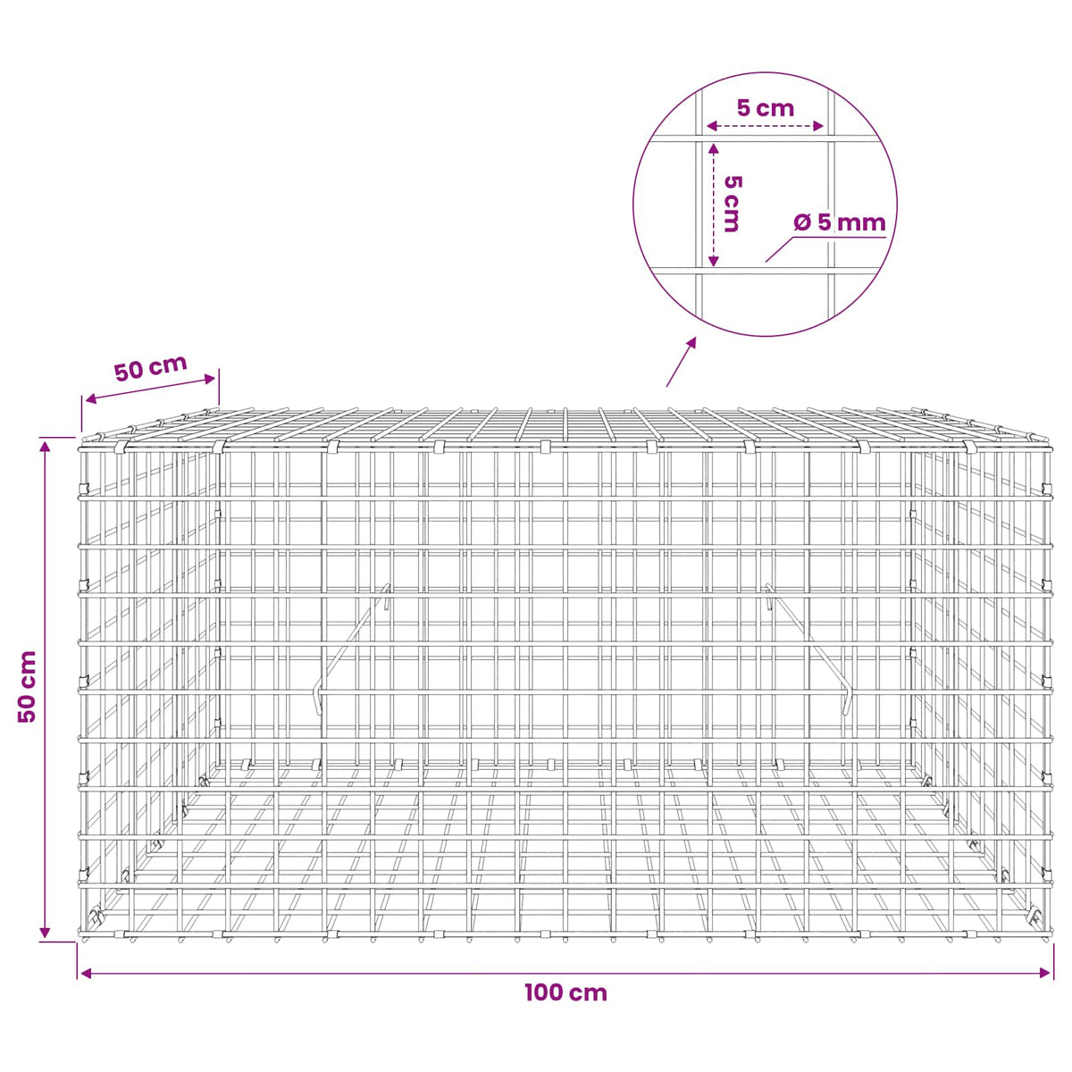 Γκαμπιόν με σύρμα 5 mm και πλέγμα 5x5 cm 100x50x50 εκ - Pakobazaar