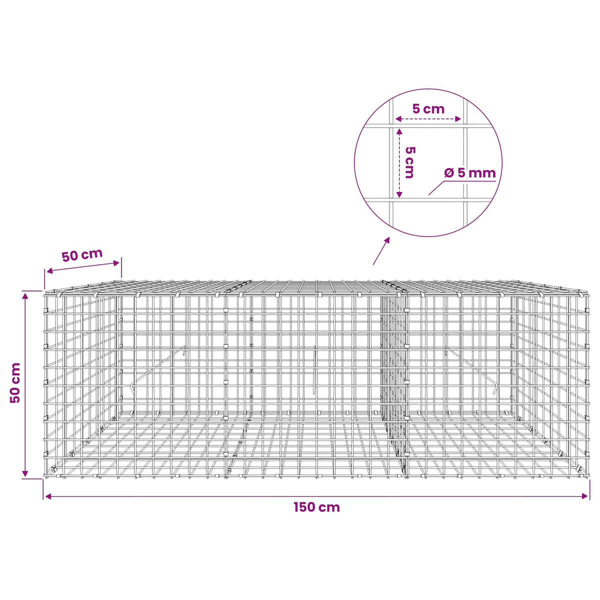 Γκαμπιόν με σύρμα 5 mm και πλέγμα 5x5 cm 150x50x50 εκ.