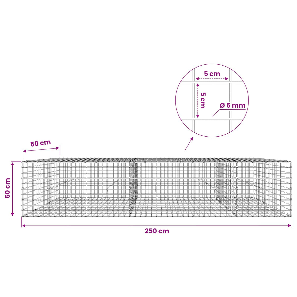 Γκαμπιόν με σύρμα 5 mm και πλέγμα 5x5 cm 250x50x50 εκ