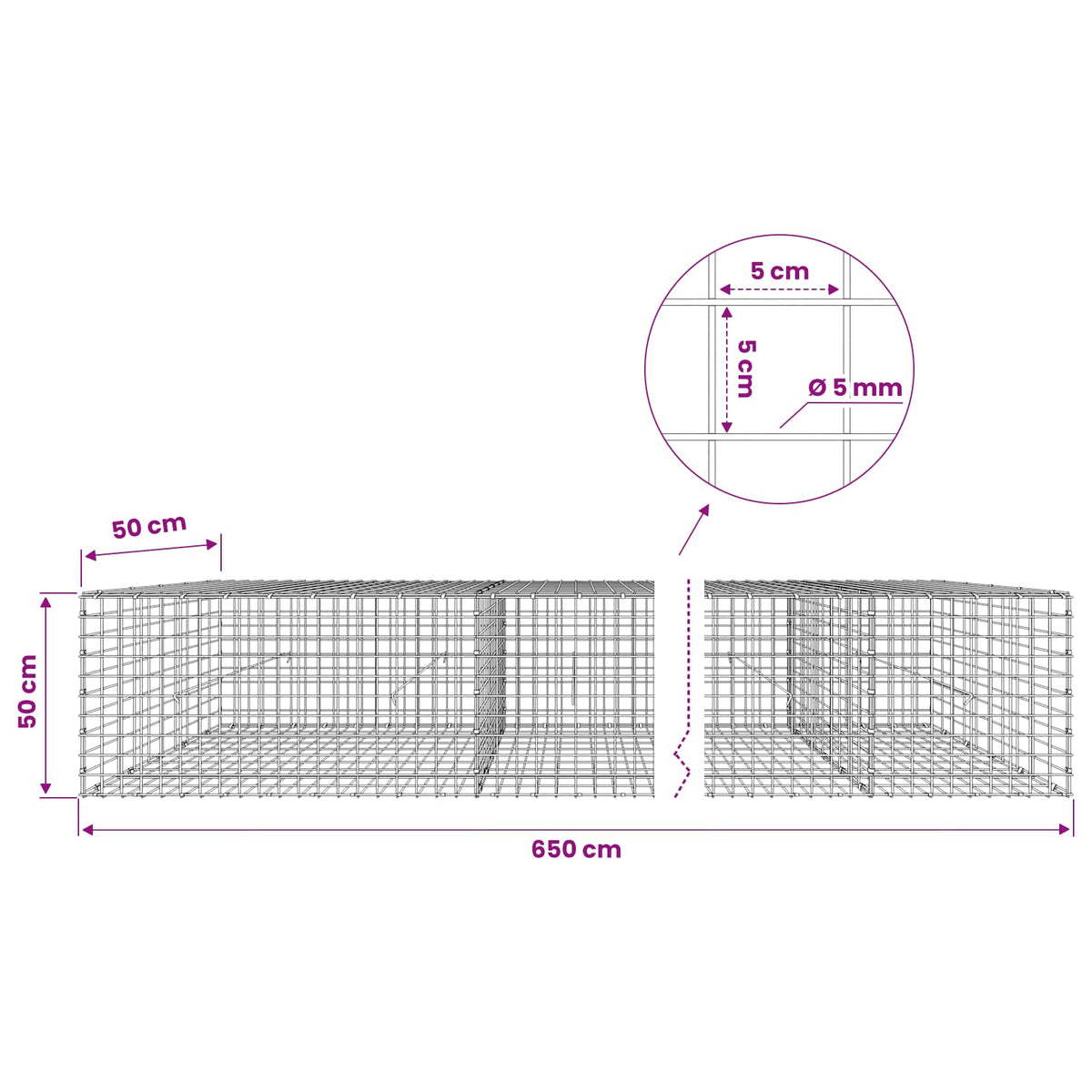 Γκαμπιόν με σύρμα 5 mm και πλέγμα 5x5 cm 650x50x50 εκ. - Pakobazaar