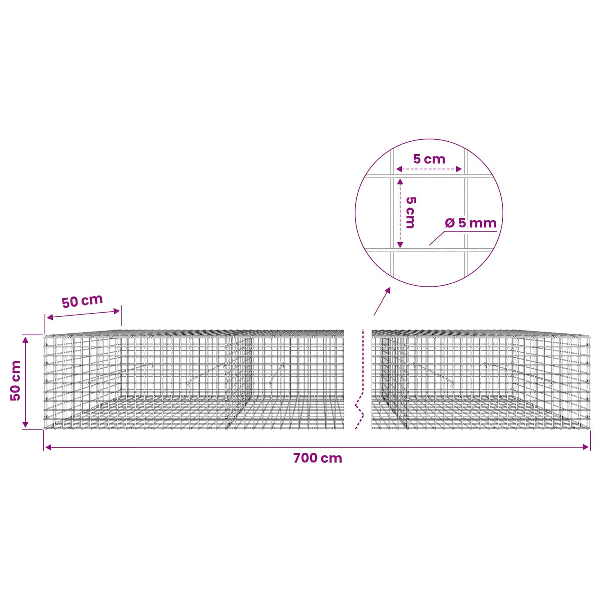 Γκαμπιόν με σύρμα 5 mm και πλέγμα 5x5 cm 700x50x50 εκ - Pakobazaar