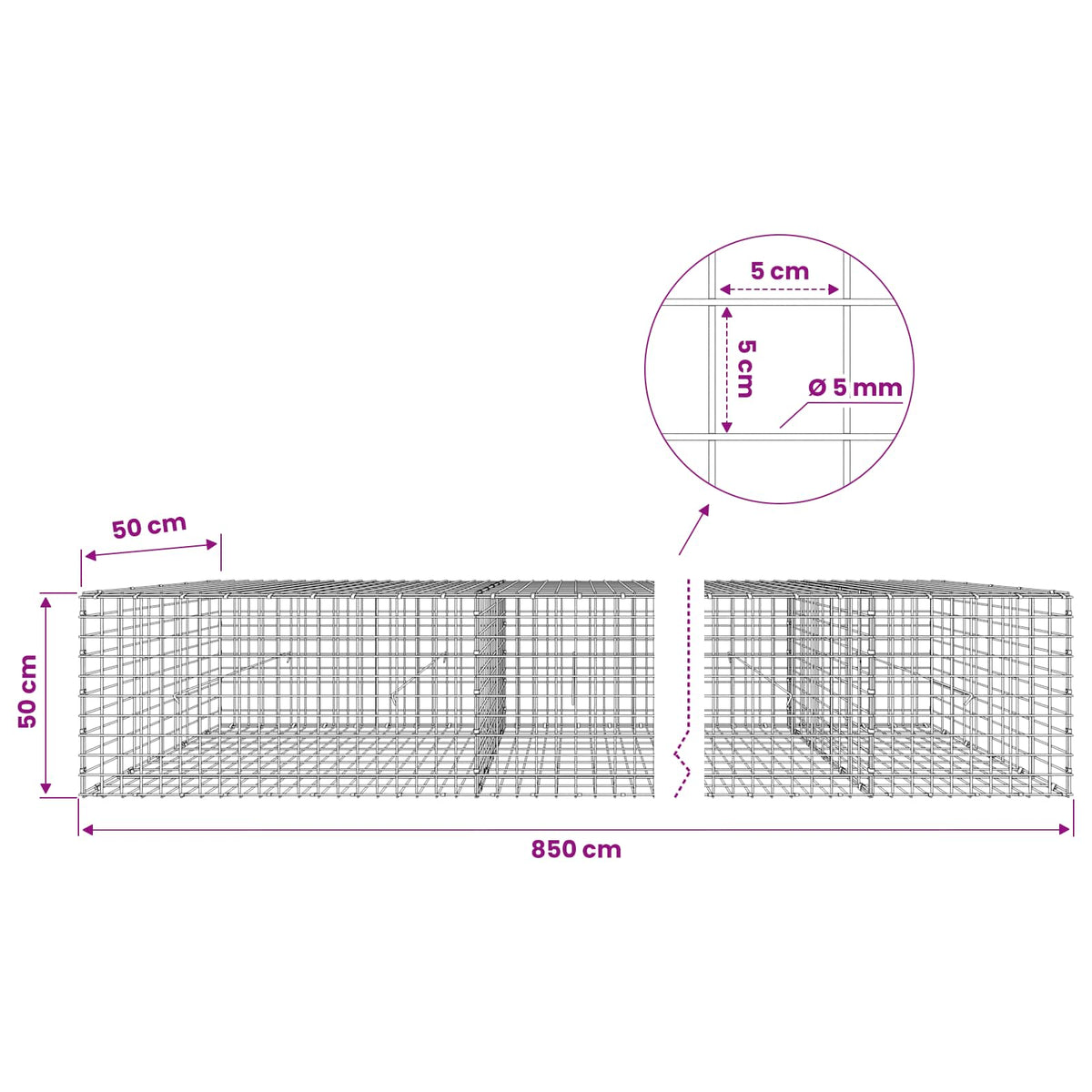 Γκαμπιόν με σύρμα 5 mm και πλέγμα 5x5 cm 850x50x50 εκ - Pakobazaar
