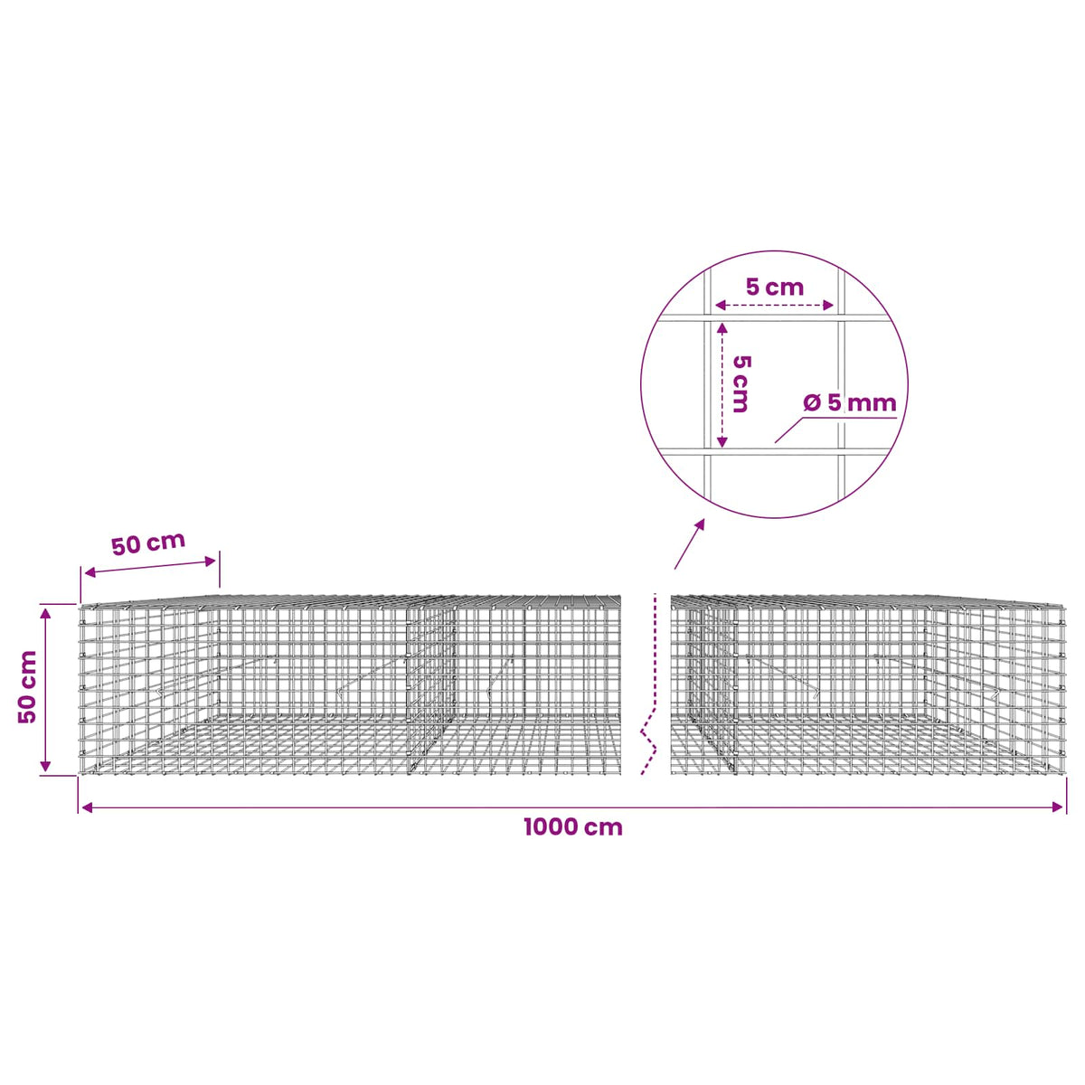 Γκαμπιόν με σύρμα 5 mm και πλέγμα 5x5 cm 1000x50x50 εκ.