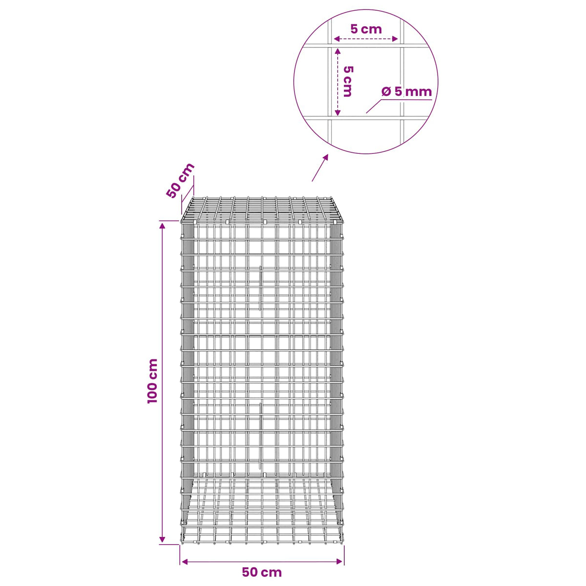 Γκαμπιόν με σύρμα 5 mm και πλέγμα 5x5 cm 50x50x100 εκ - Pakobazaar