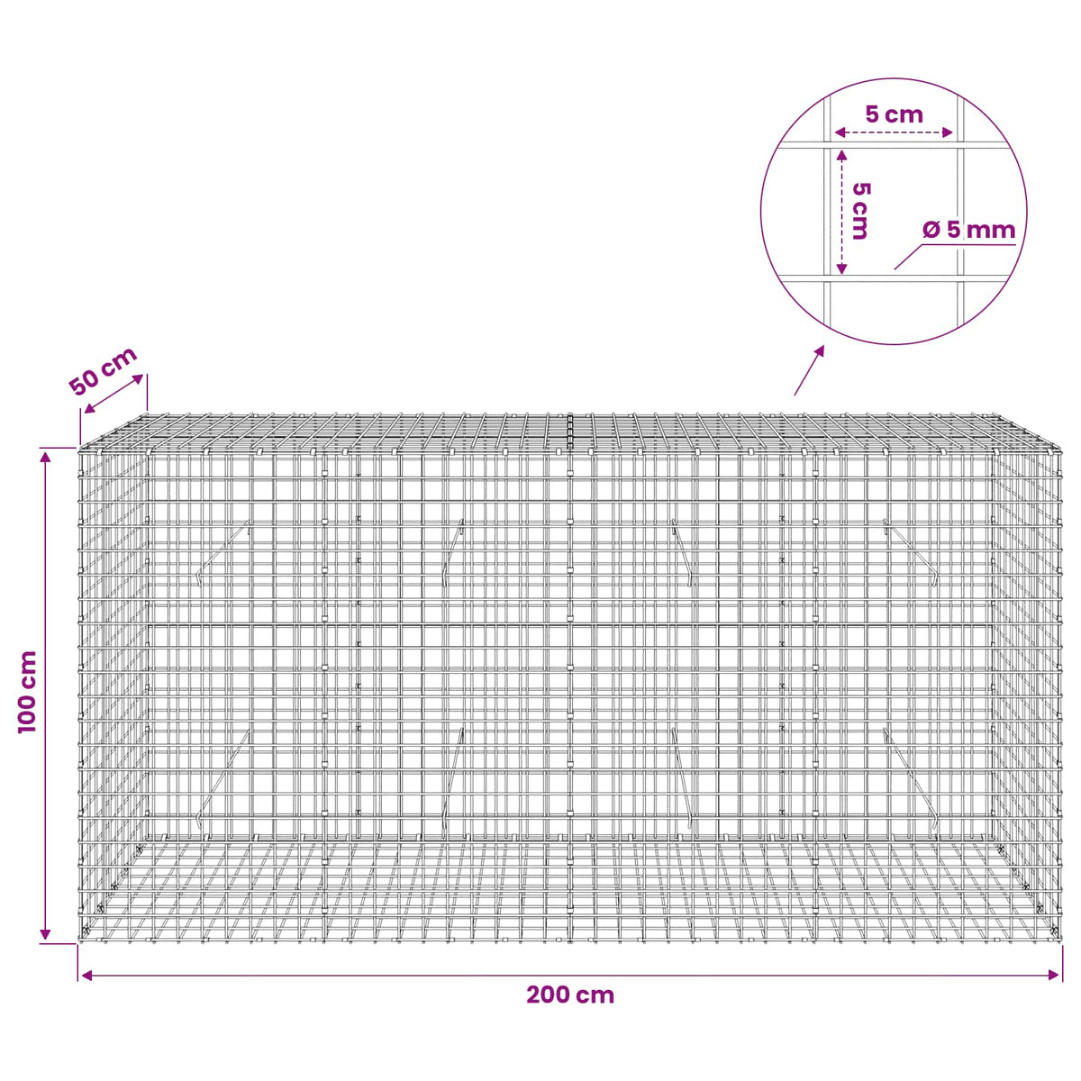 Γκαμπιόν με σύρμα 5 mm και πλέγμα 5x5 cm 200x50x100 εκ - Pakobazaar