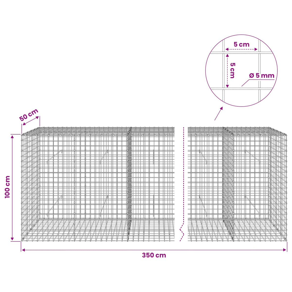 Γκαμπιόν με σύρμα 5 mm και πλέγμα 5x5 cm 350x50x100 εκ.