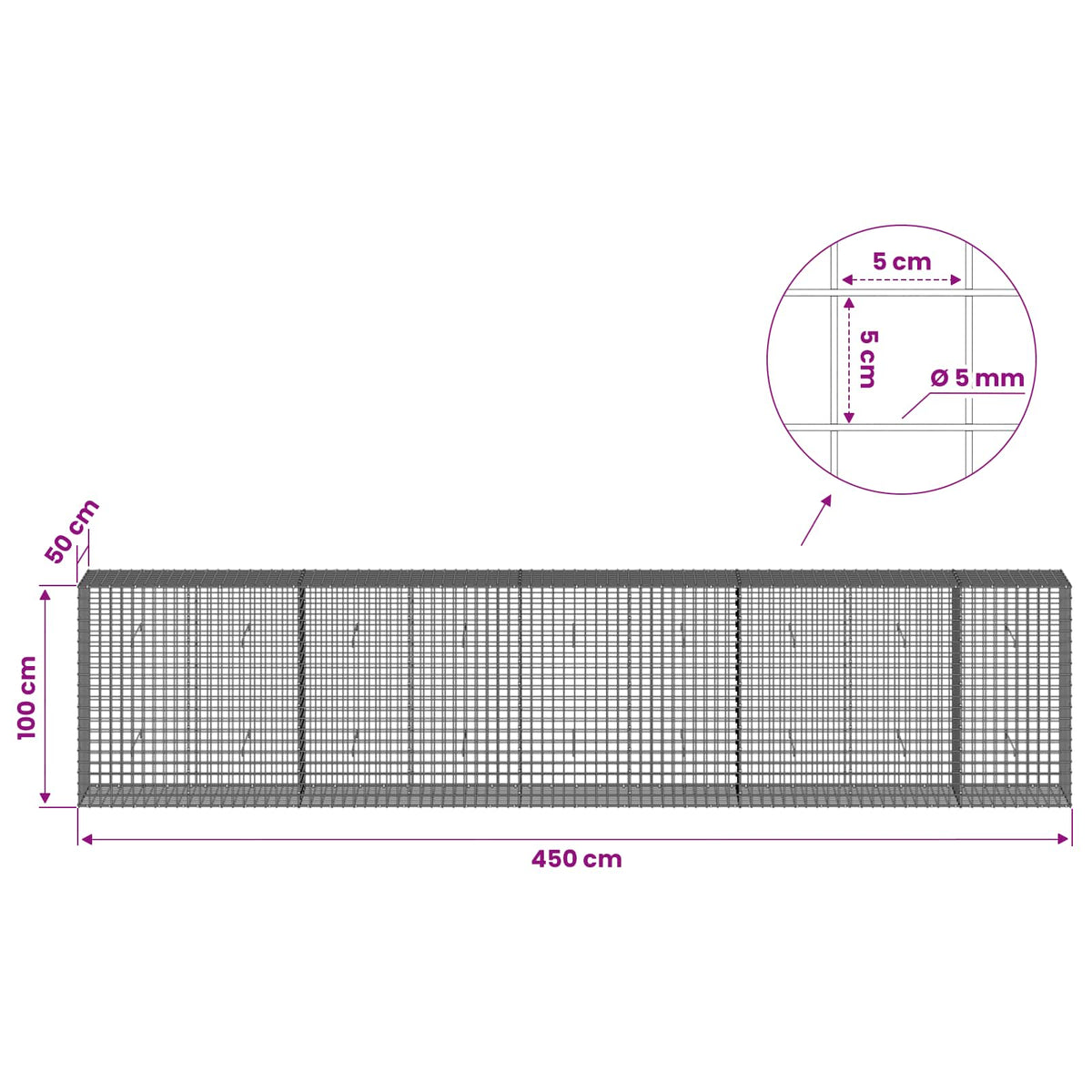 Γκαμπιόν με σύρμα 5 mm και πλέγμα 5x5 cm 450x50x100 εκ