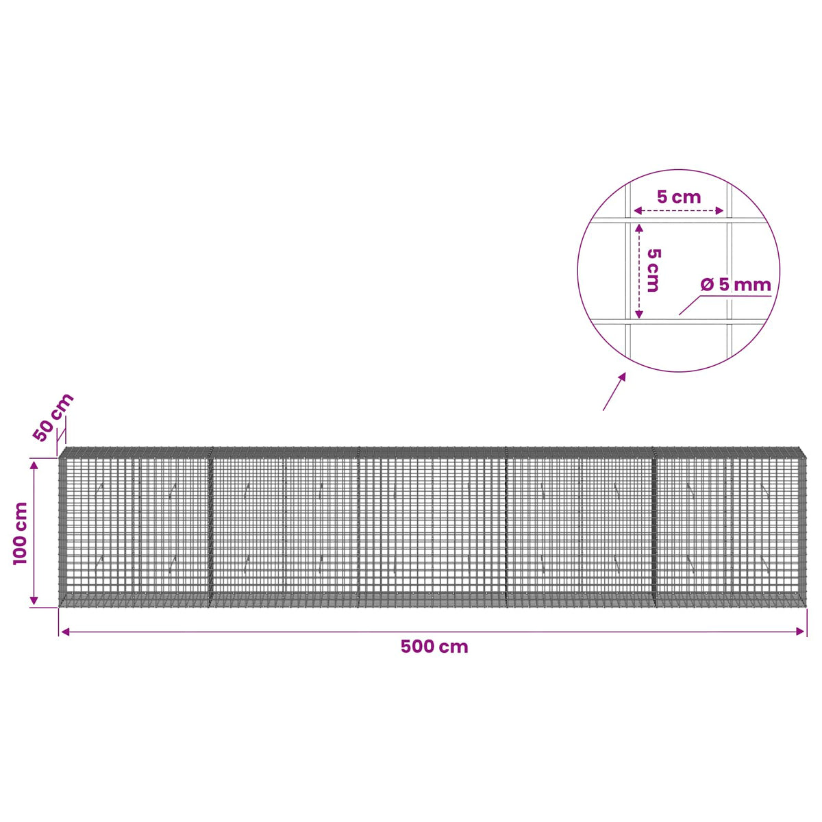 Γκαμπιόν με σύρμα 5 mm και πλέγμα 5x5 cm 500x50x100 εκ