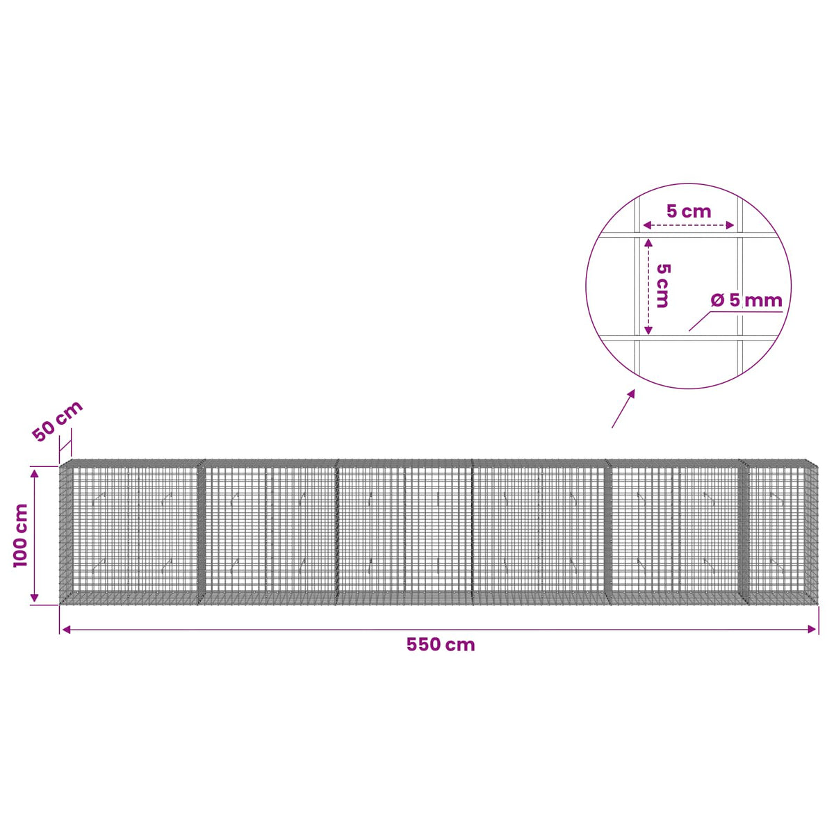 Γκαμπιόν με σύρμα 5 mm και πλέγμα 5x5 cm 550x50x100 εκ - Pakobazaar