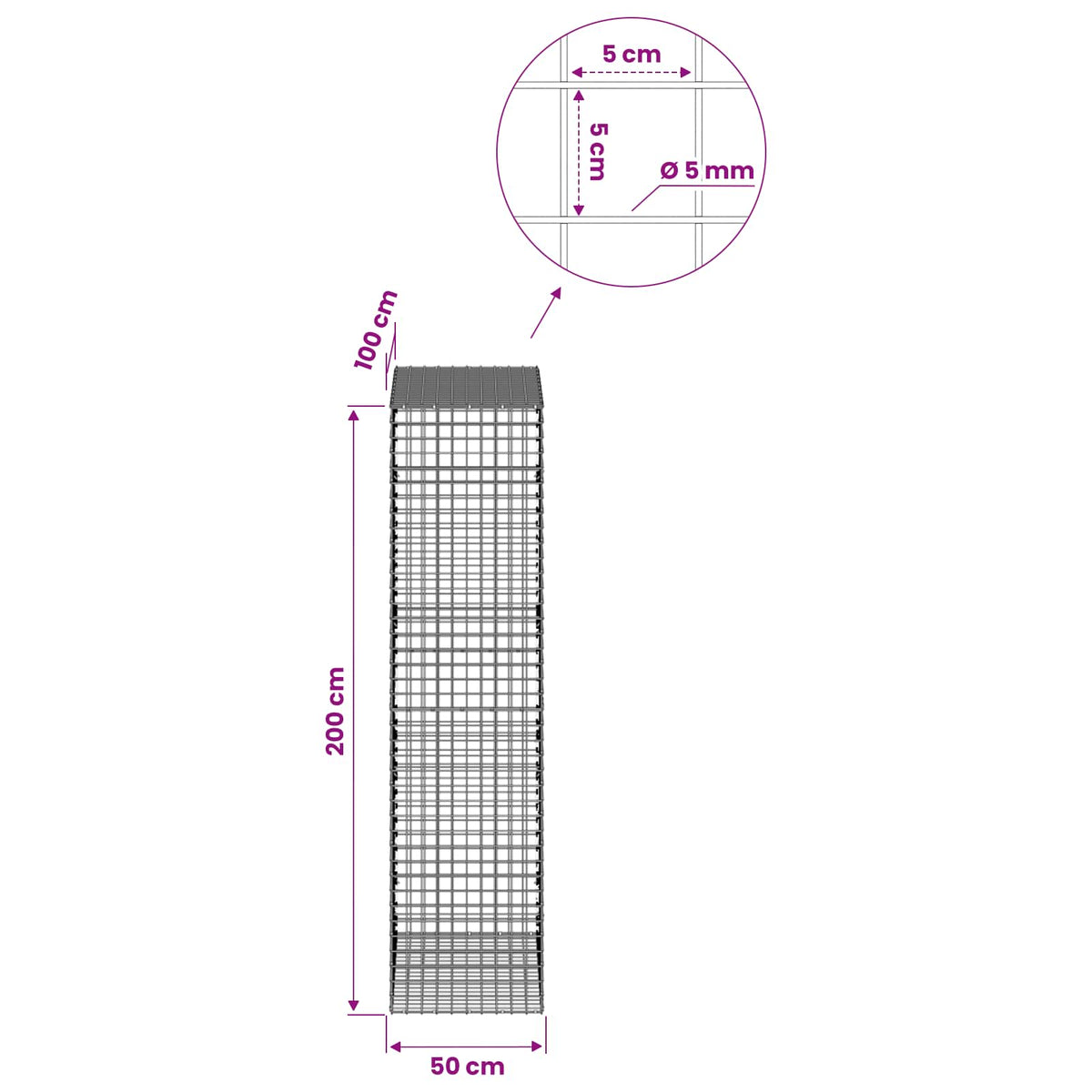 Γκαμπιόν με σύρμα 5 mm και πλέγμα 5x5 cm 700x50x100 εκ - Pakobazaar