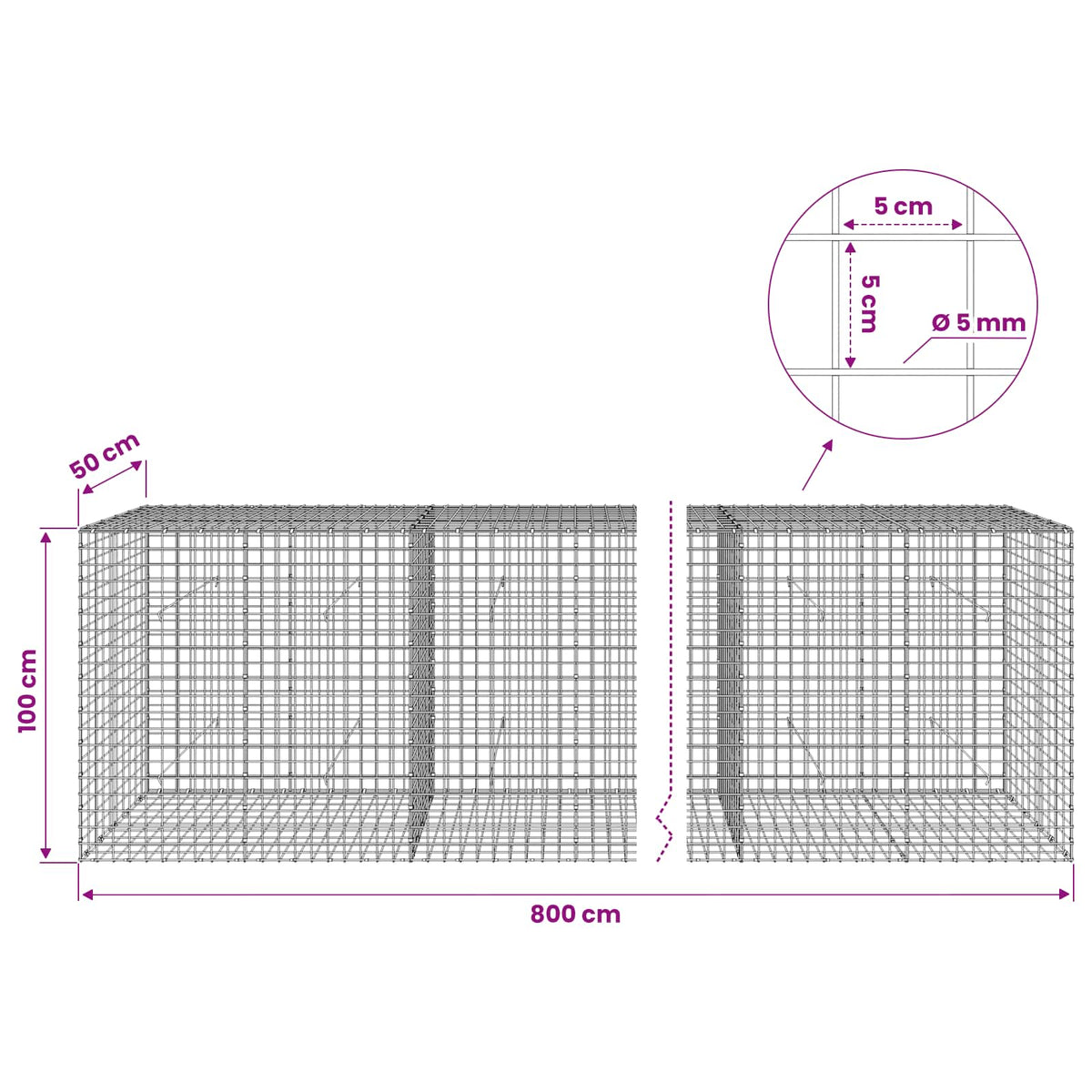 Γκαμπιόν με σύρμα 5 mm και πλέγμα 5x5 cm 800x50x100 εκ - Pakobazaar