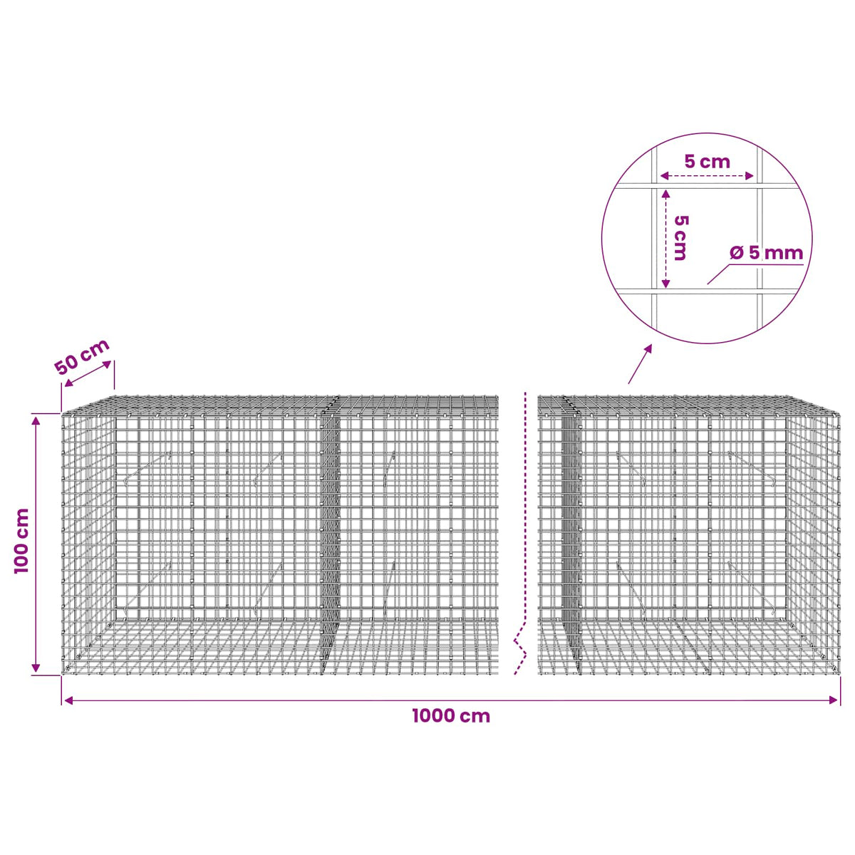 Γκαμπιόν με σύρμα 5 mm και πλέγμα 5x5 cm 1000x50x100 εκ. - Pakobazaar