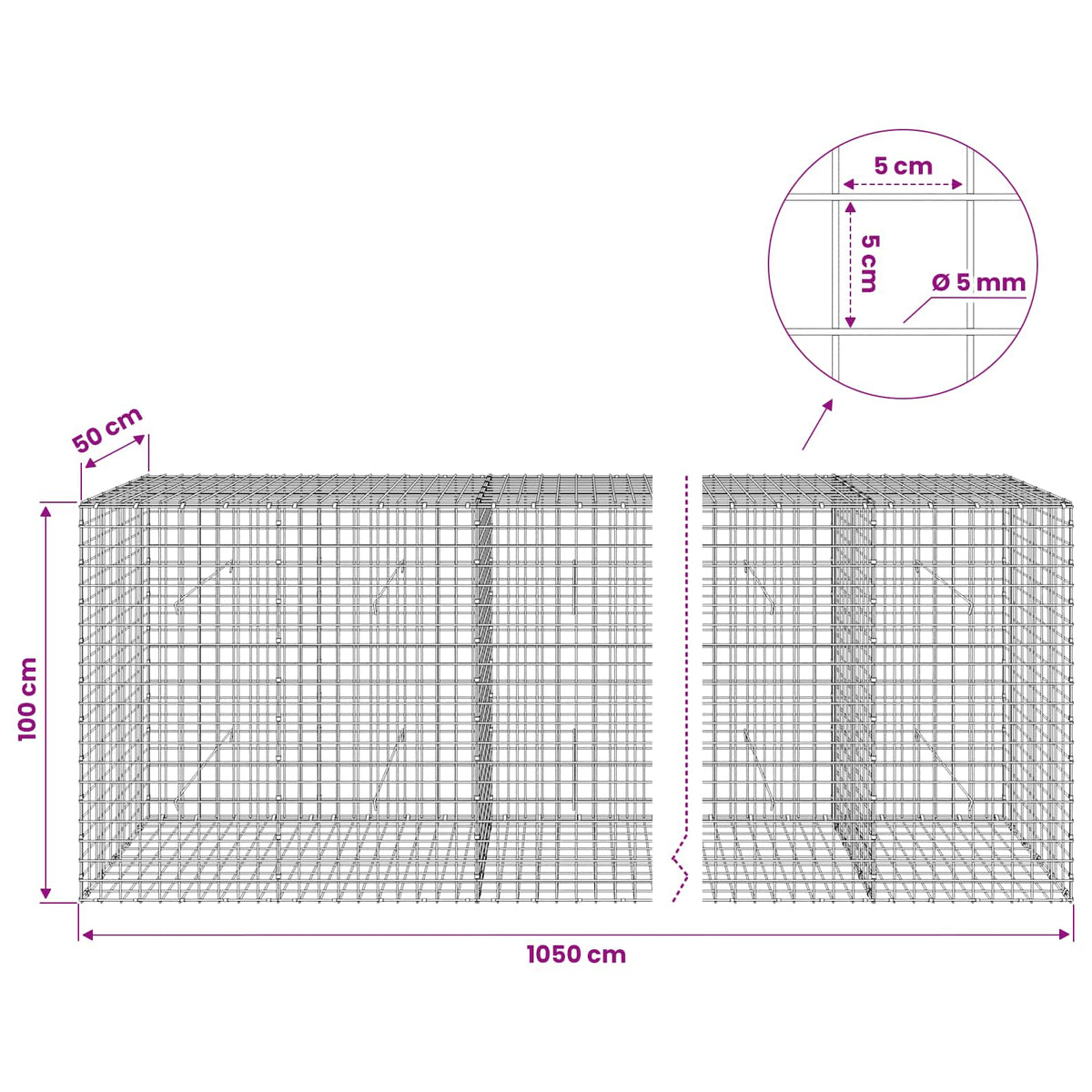 Γκαμπιόν με σύρμα 5 mm και πλέγμα 5x5 cm 1050x50x100 εκ - Pakobazaar
