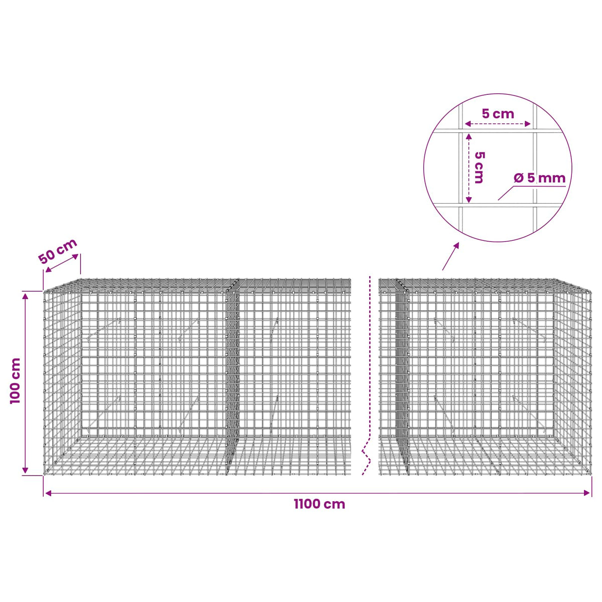 Γκαμπιόν με σύρμα 5 mm και πλέγμα 5x5 cm 1100x50x100 εκ. - Pakobazaar