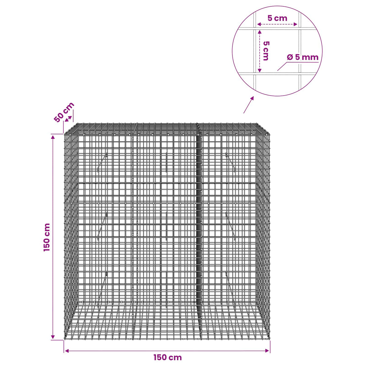 Γκαμπιόν με σύρμα 5 mm και πλέγμα 5x5 cm 150x50x150 εκ - Pakobazaar