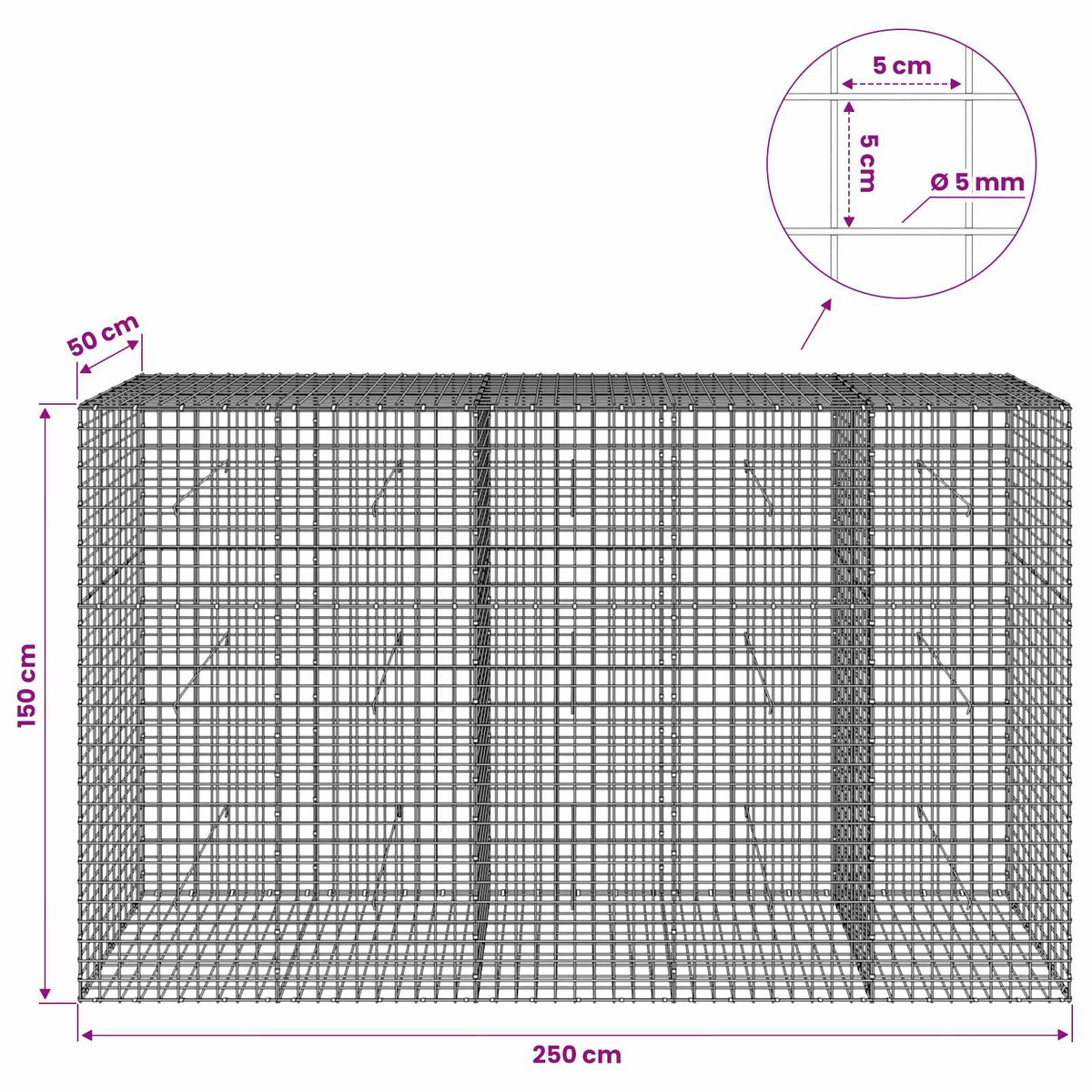 Γκαμπιόν με σύρμα 5 mm και πλέγμα 5x5 cm 250x50x150 εκ - Pakobazaar