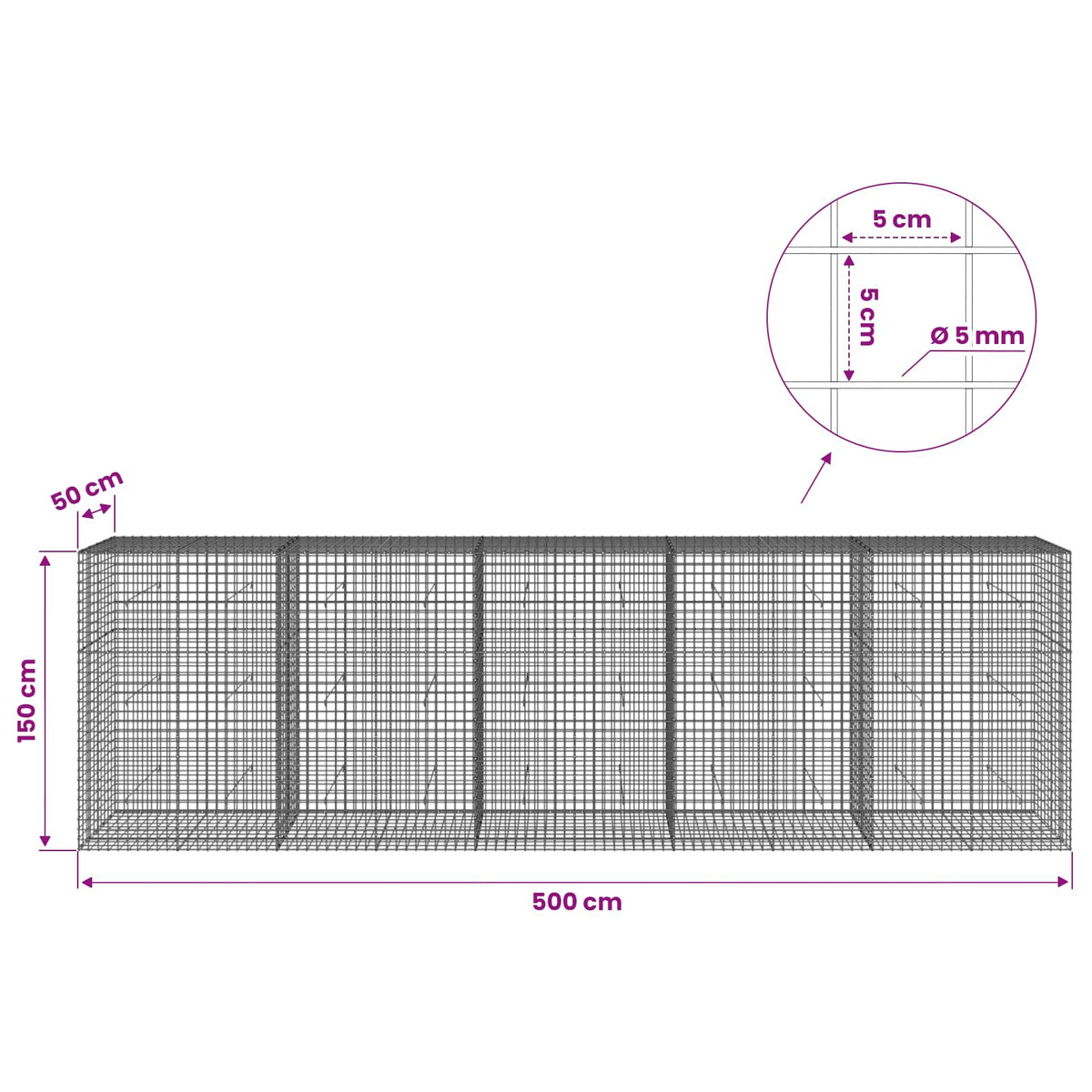 Γκαμπιόν με σύρμα 5 mm και πλέγμα 5x5 cm 500x50x150 εκ - Pakobazaar