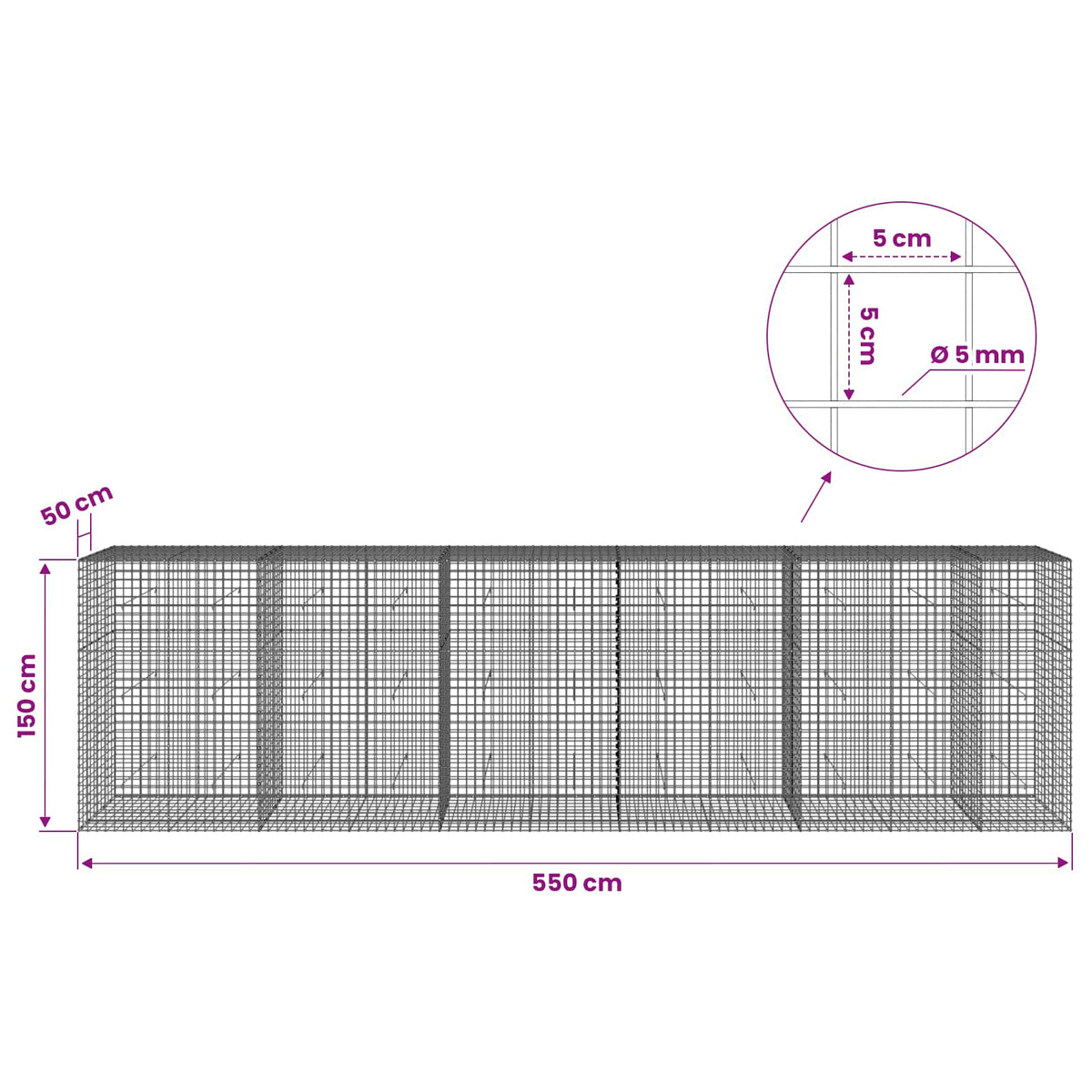 Γκαμπιόν με σύρμα 5 mm και πλέγμα 5x5 cm 550x50x150 εκ. - Pakobazaar