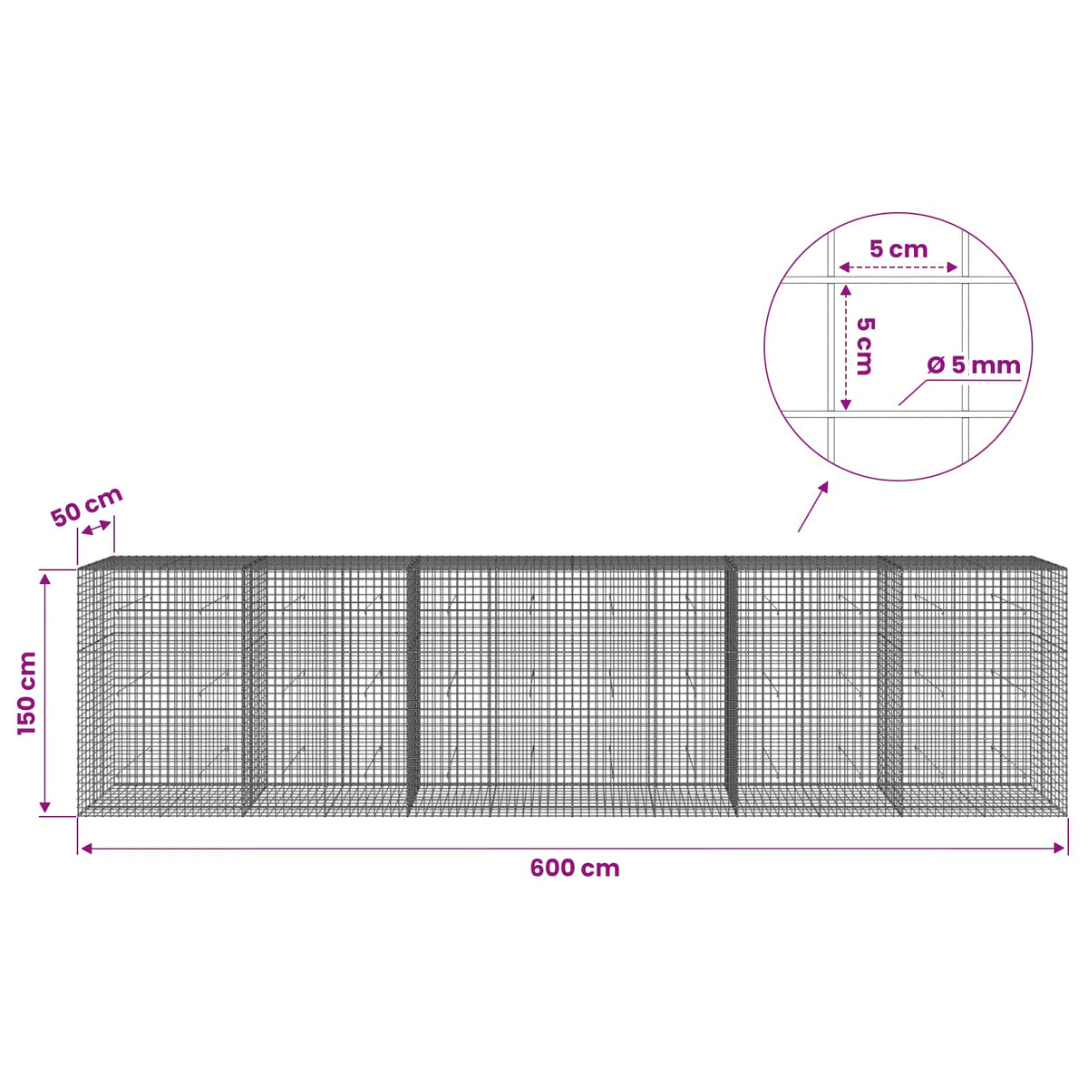 Γκαμπιόν με σύρμα 5 mm και πλέγμα 5x5 cm 600x50x150 εκ - Pakobazaar