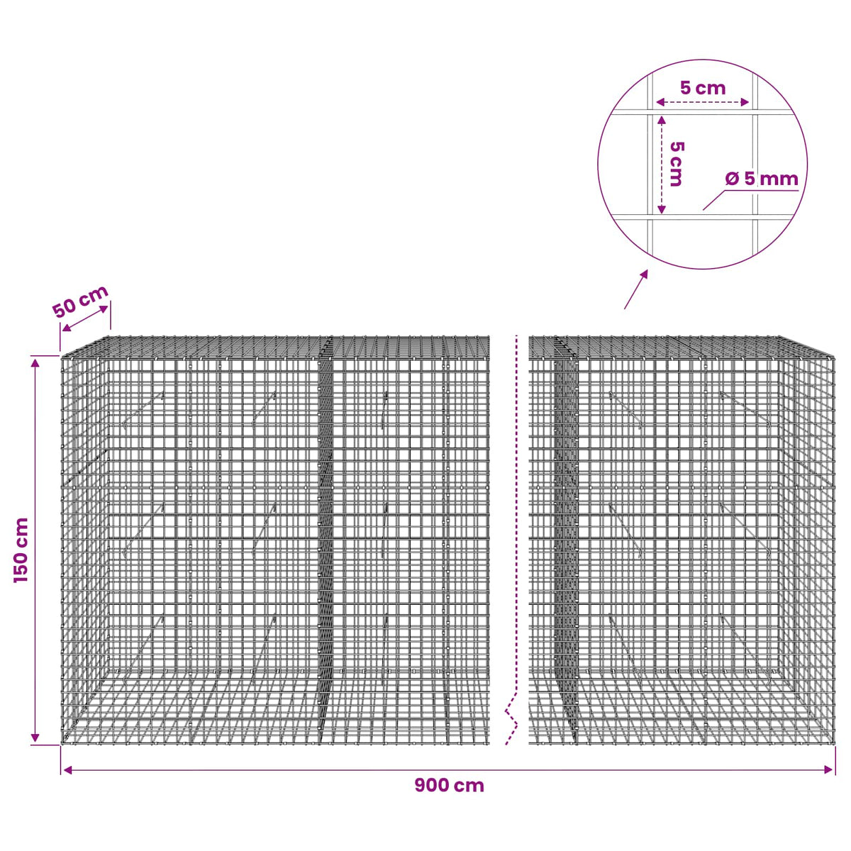 Γκαμπιόν με σύρμα 5 mm και πλέγμα 5x5 cm 900x50x150 εκ