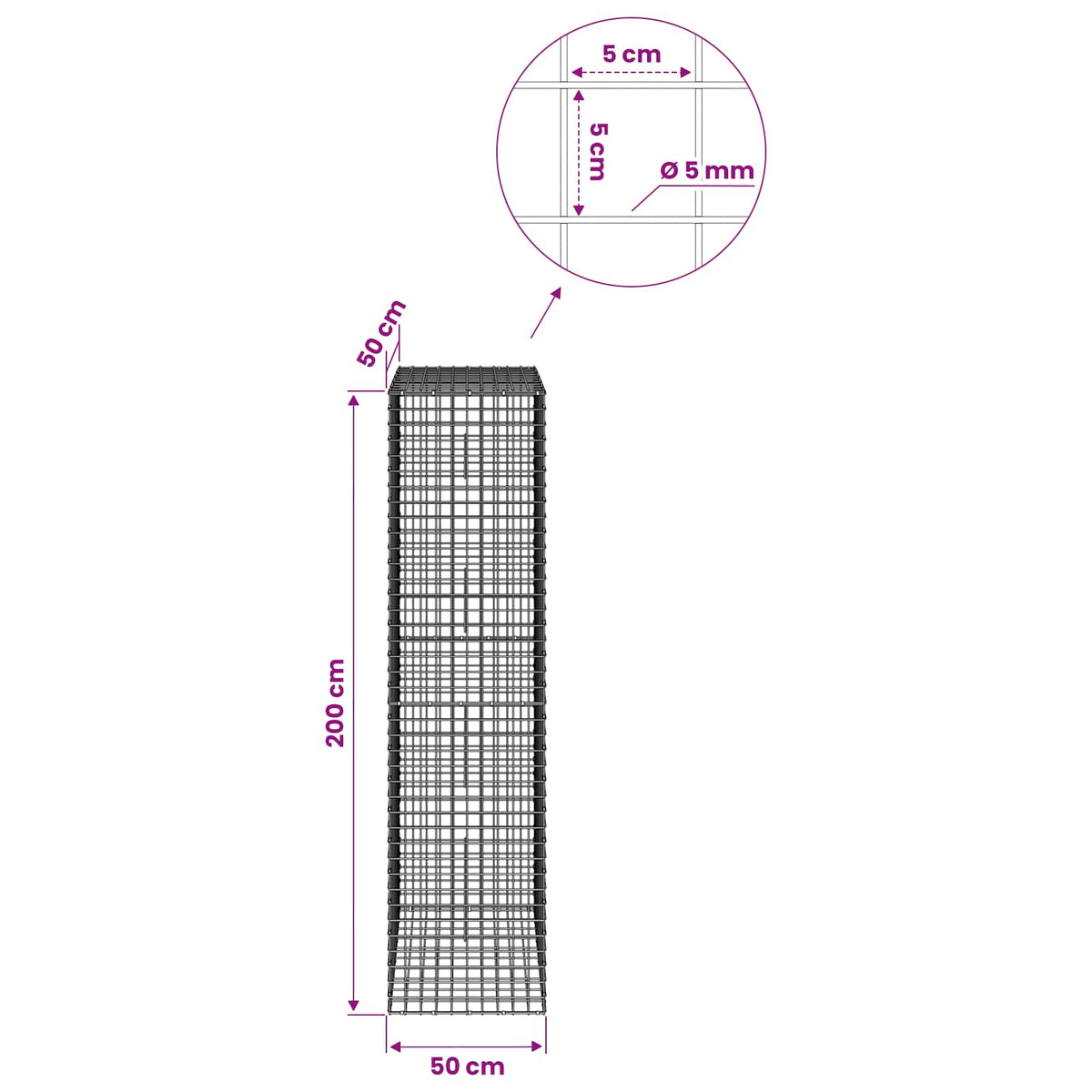 Γκαμπιόν με σύρμα 5 mm και πλέγμα 5x5 cm 50x50x200 εκ - Pakobazaar