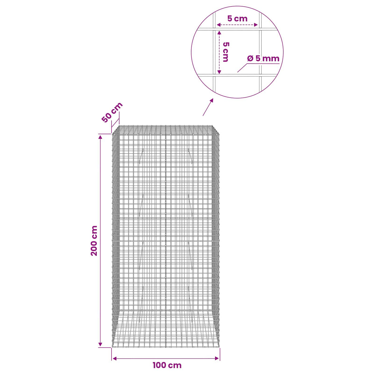 Γκαμπιόν με σύρμα 5 mm και πλέγμα 5x5 cm 100x50x200 cm - Pakobazaar