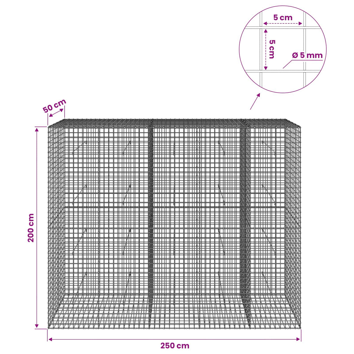 Γκαμπιόν με σύρμα 5 mm και πλέγμα 5x5 cm 250x50x200 εκ.
