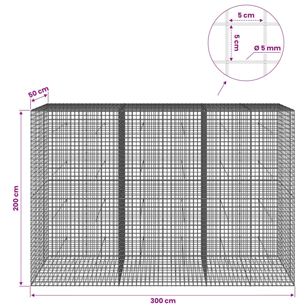 Γκαμπιόν με σύρμα 5 mm και πλέγμα 5x5 cm 300x50x200 εκ - Pakobazaar