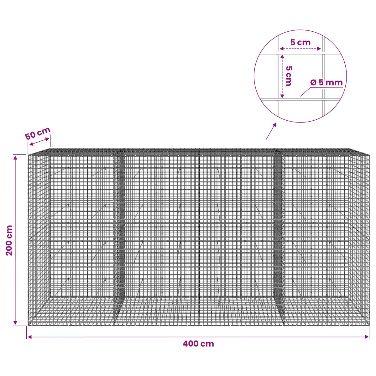 Γκαμπιόν με σύρμα 5 mm και πλέγμα 5x5 cm 400x50x200 εκ - Pakobazaar